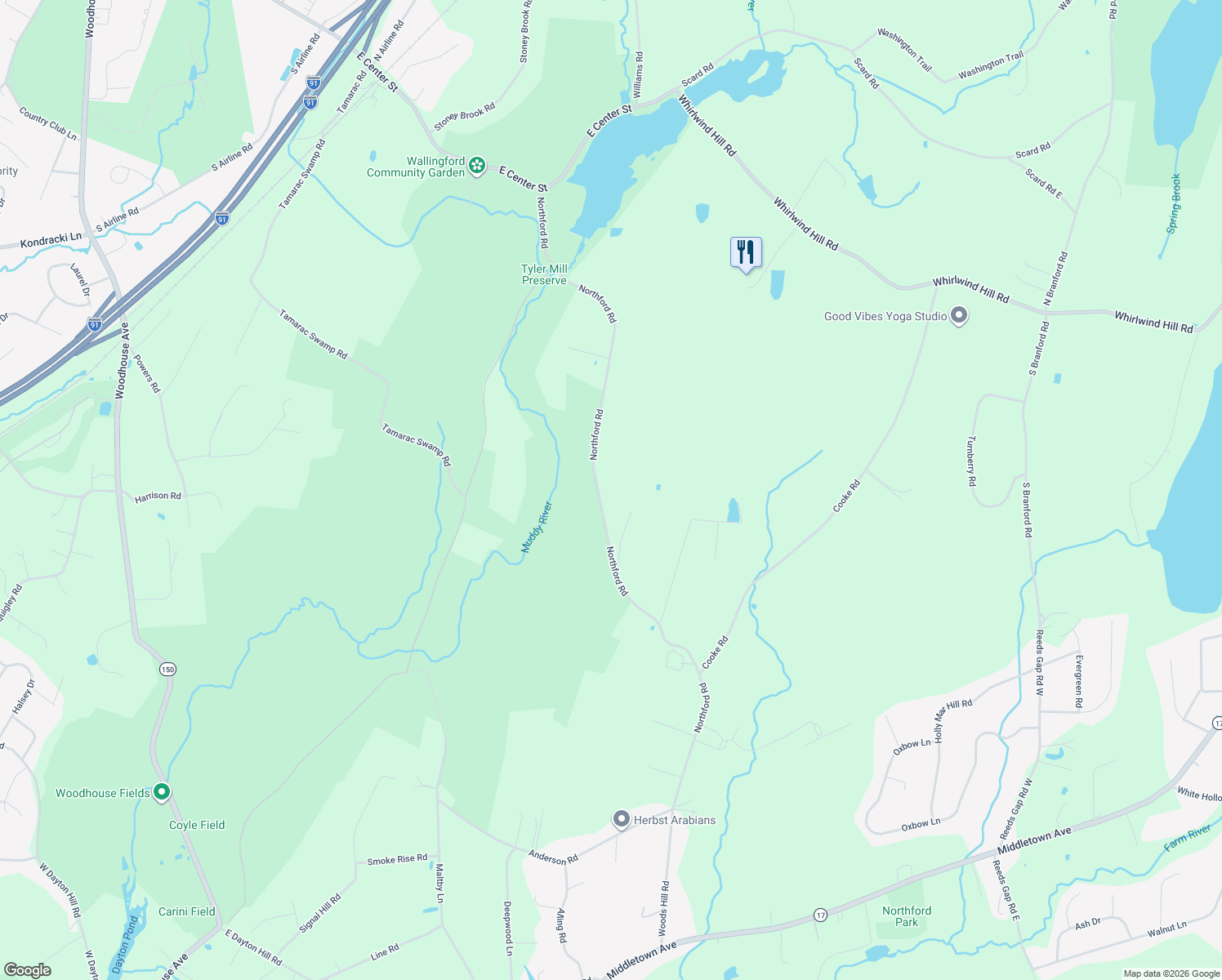 map of restaurants, bars, coffee shops, grocery stores, and more near 96 Northford Road in Wallingford