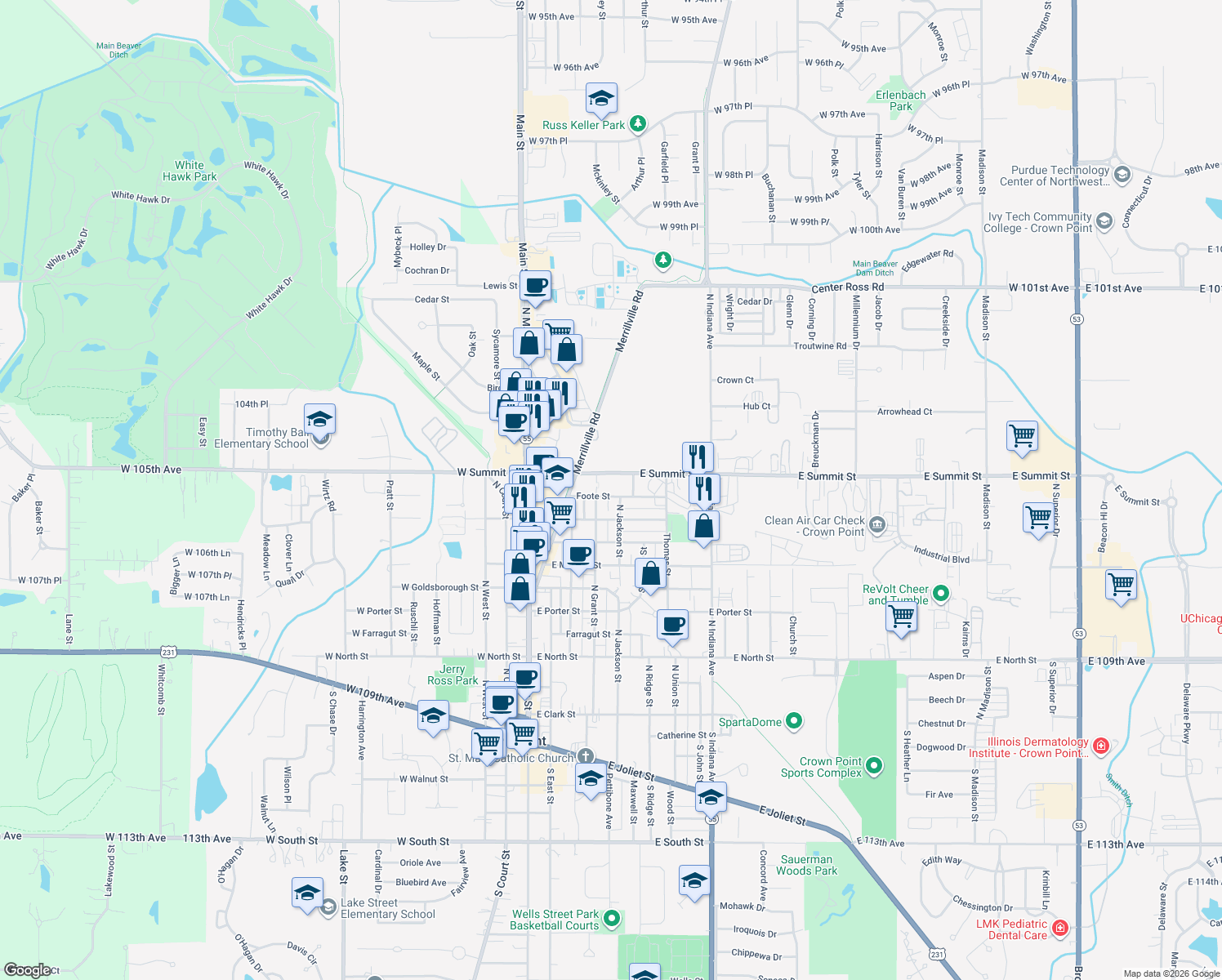 map of restaurants, bars, coffee shops, grocery stores, and more near 410 Foote St in Crown Point