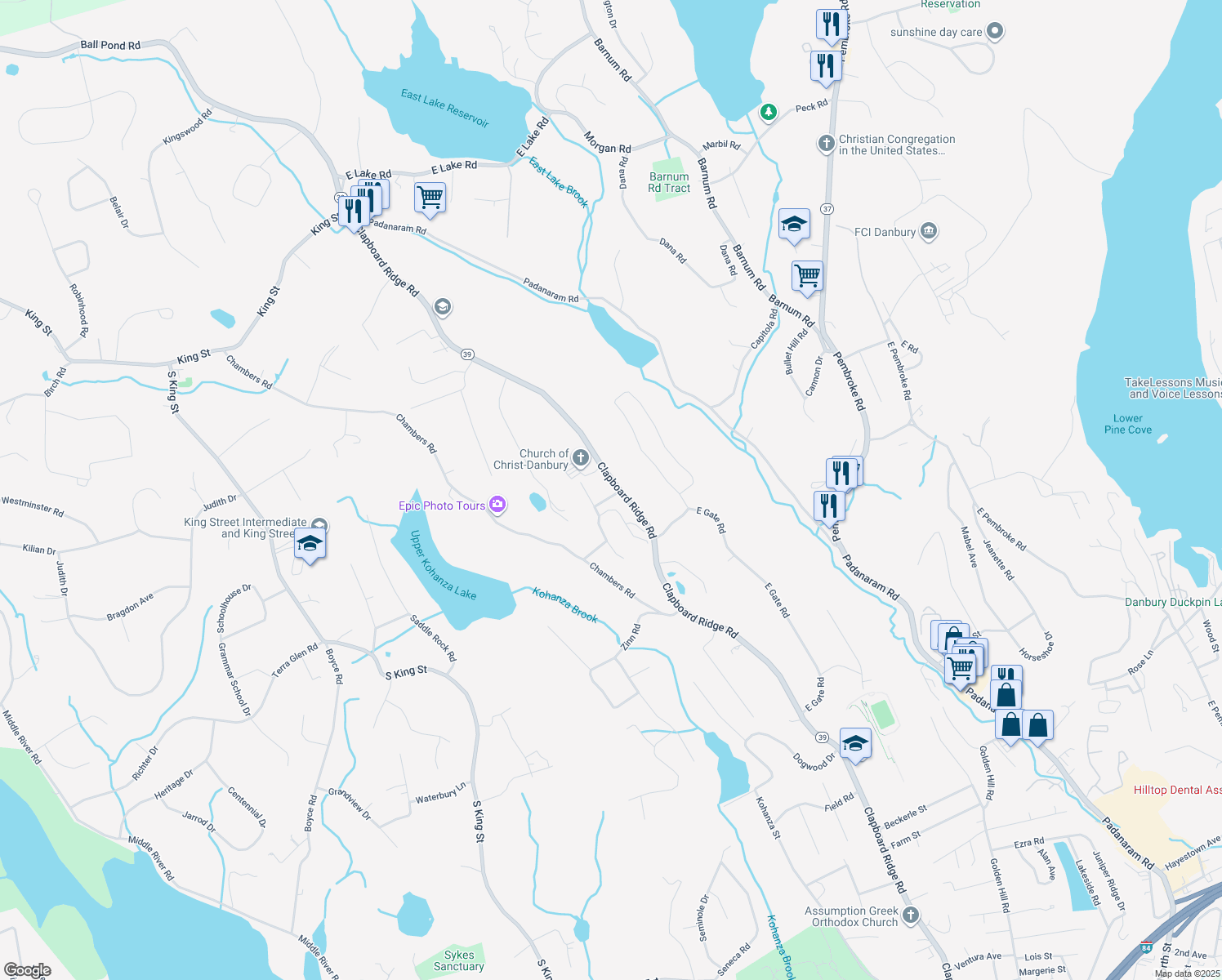map of restaurants, bars, coffee shops, grocery stores, and more near 86 Clapboard Ridge Road in Danbury