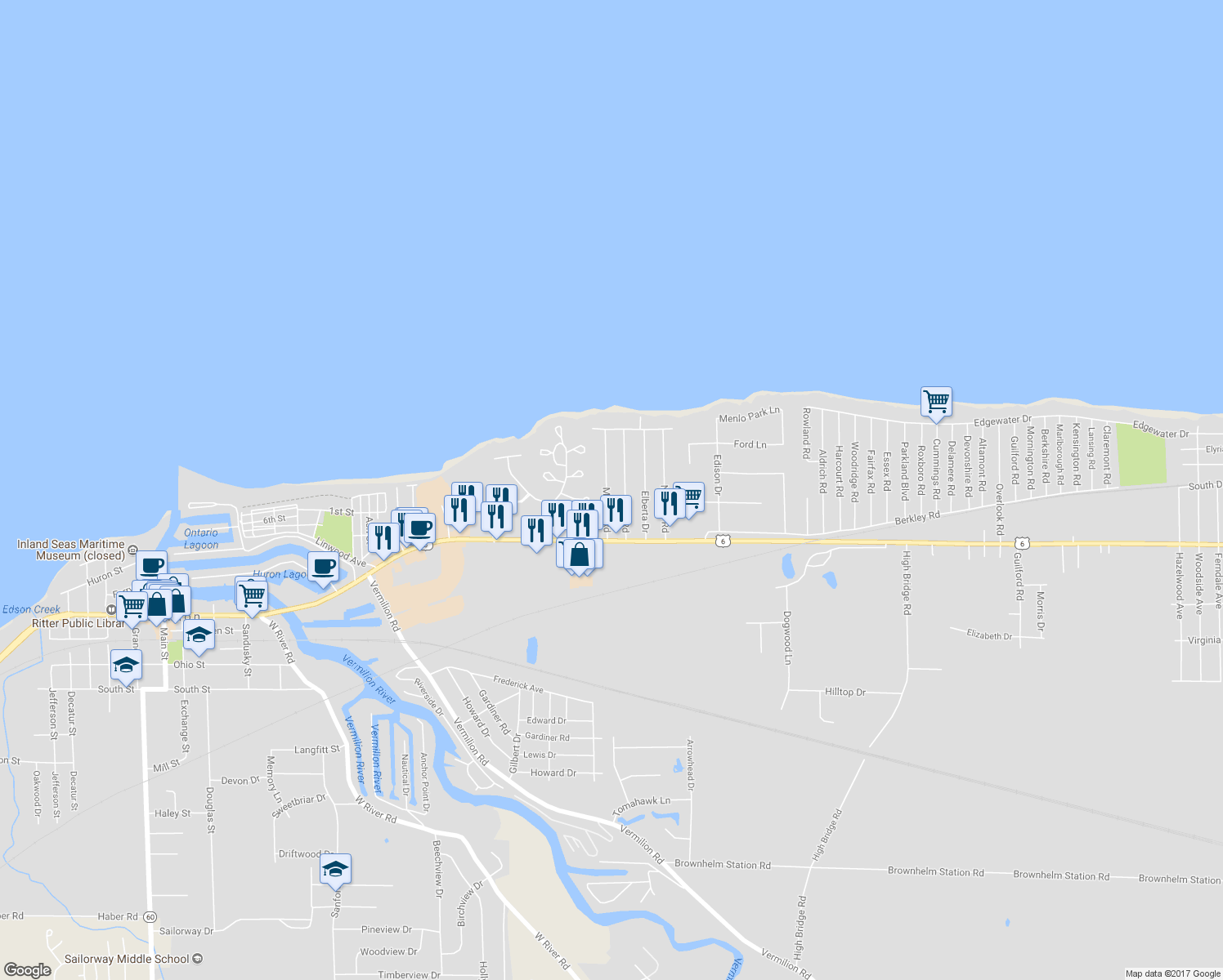 map of restaurants, bars, coffee shops, grocery stores, and more near 373 Morton Road in Vermilion