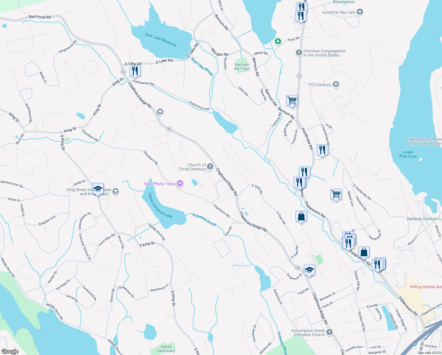 map of restaurants, bars, coffee shops, grocery stores, and more near 86 Clapboard Ridge Road in Danbury