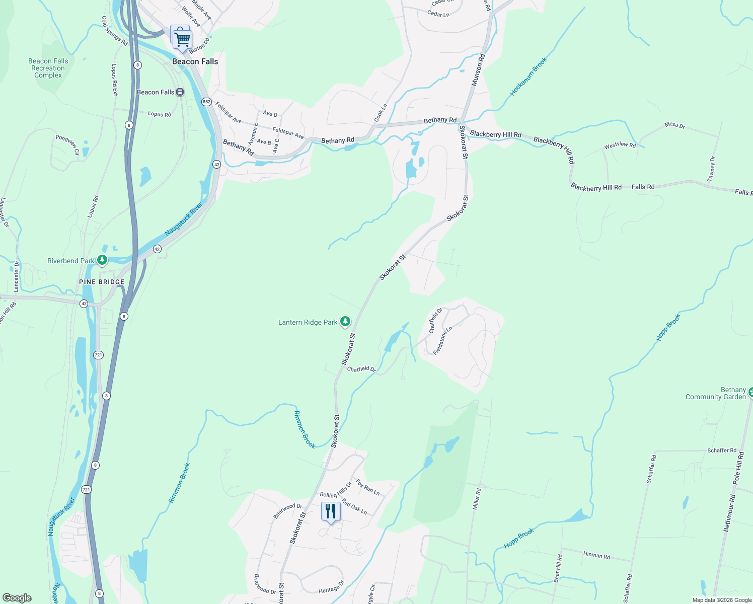 map of restaurants, bars, coffee shops, grocery stores, and more near 573 Skokorat Street in Beacon Falls