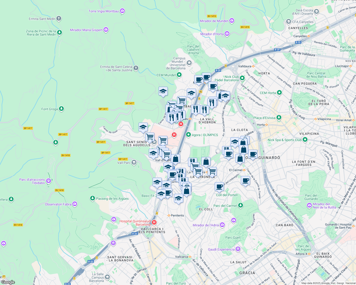 map of restaurants, bars, coffee shops, grocery stores, and more near 119-129 Passeig de la Vall d'Hebron in Barcelona