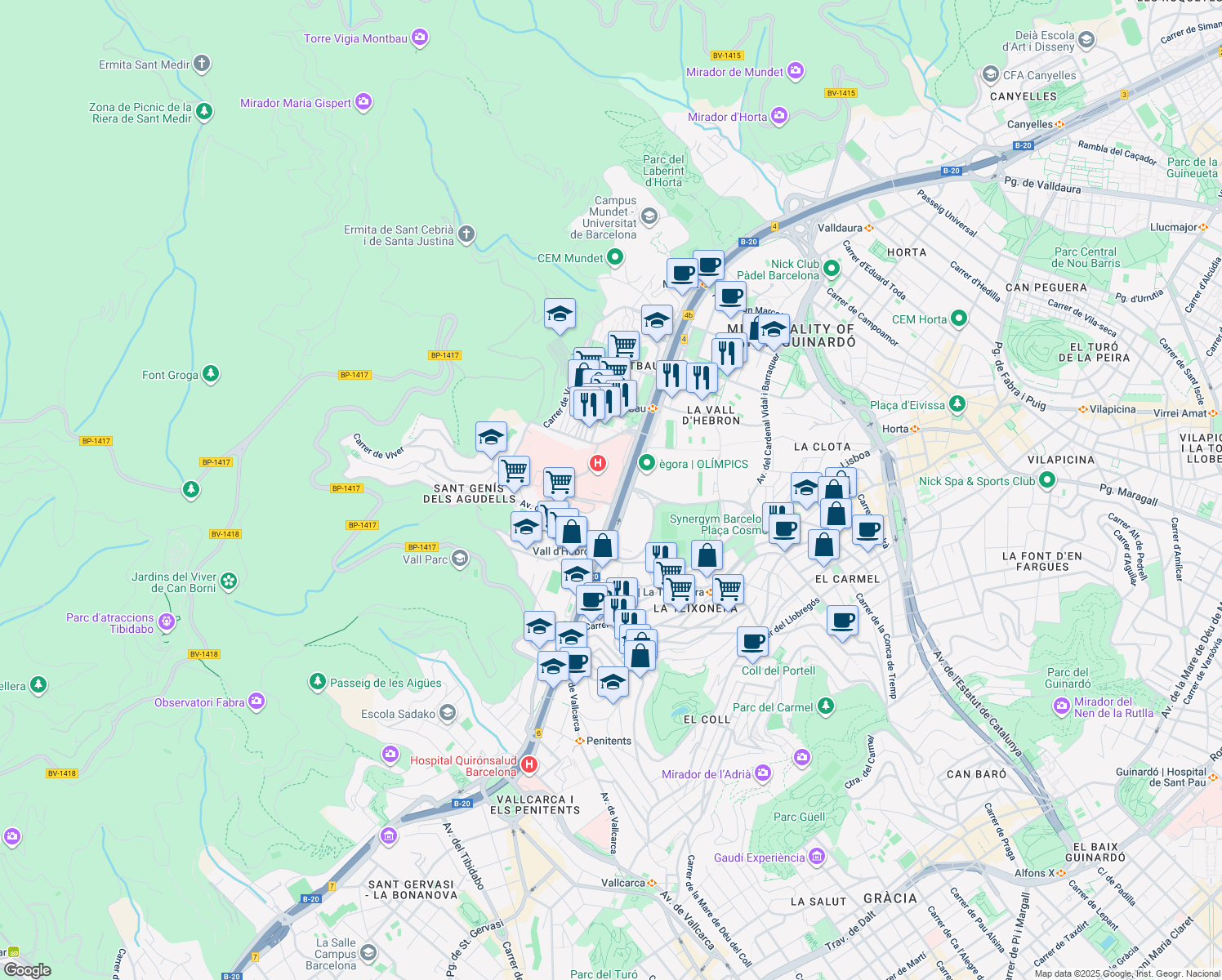 map of restaurants, bars, coffee shops, grocery stores, and more near 119-129 Passeig de la Vall d'Hebron in Barcelona