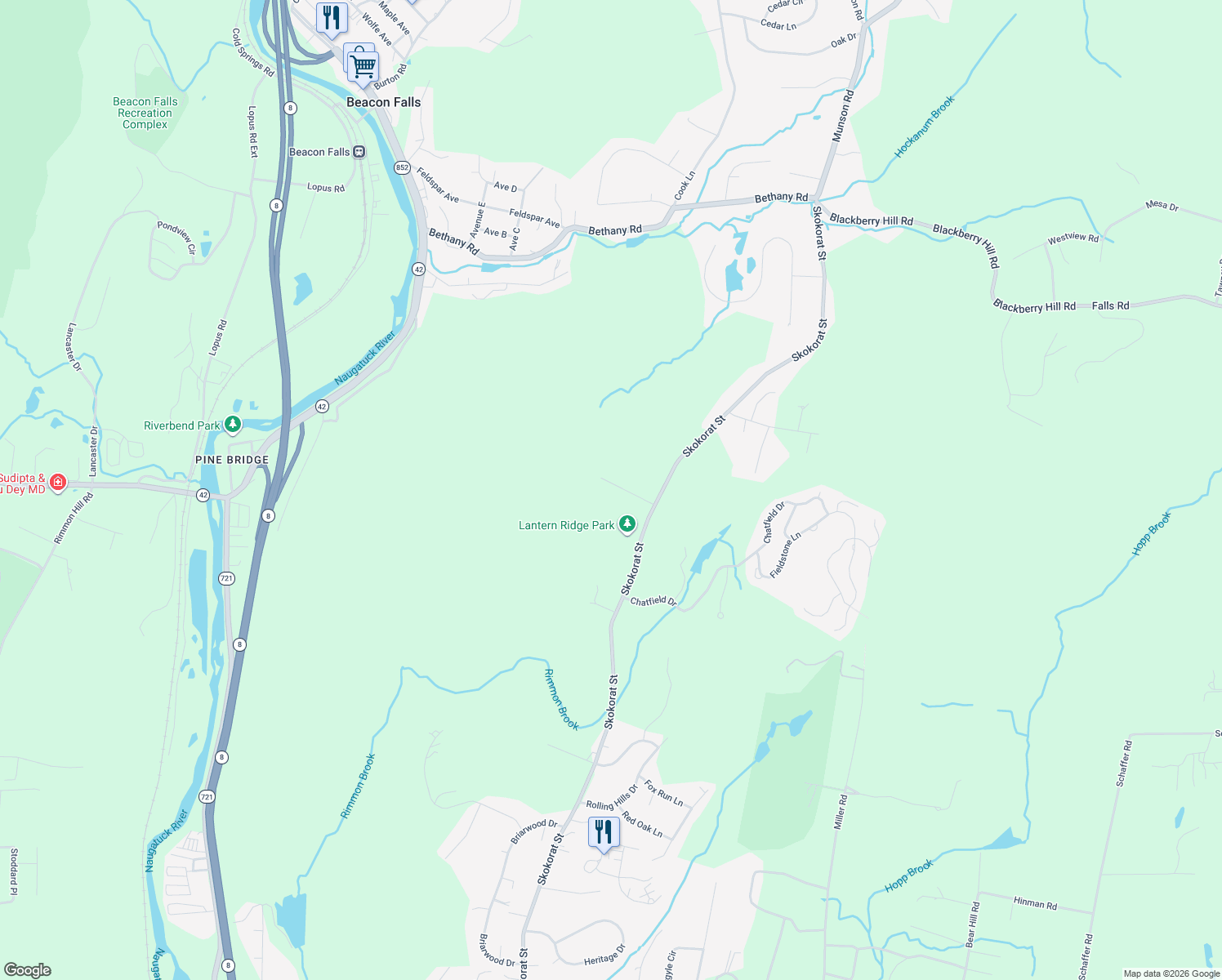 map of restaurants, bars, coffee shops, grocery stores, and more near 9 Lantern Ridge Road in Beacon Falls