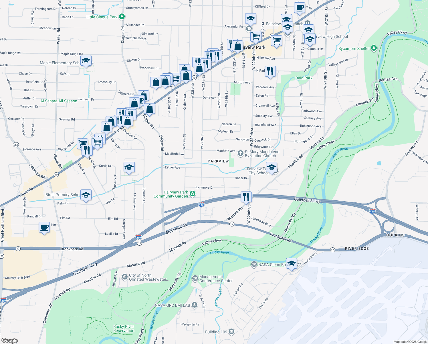 map of restaurants, bars, coffee shops, grocery stores, and more near 22530 Haber Drive in Fairview Park
