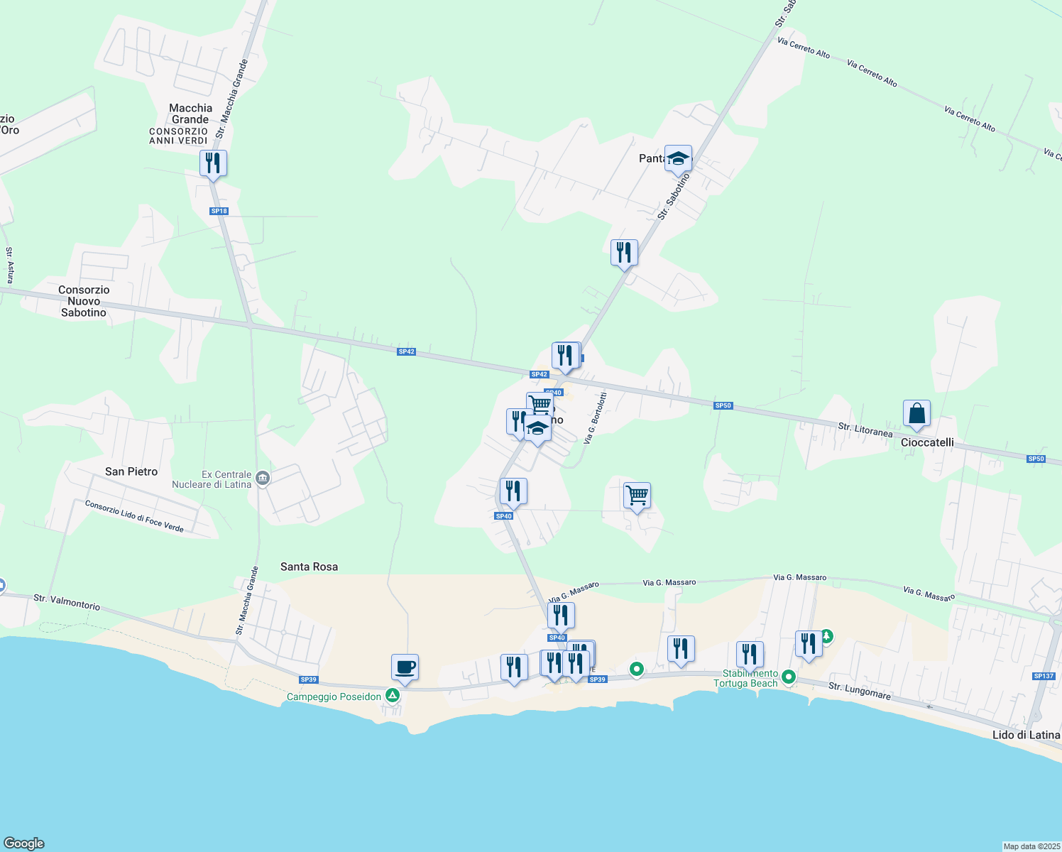 map of restaurants, bars, coffee shops, grocery stores, and more near Strada Foce Verde in Borgo Sabotino-foce Verde