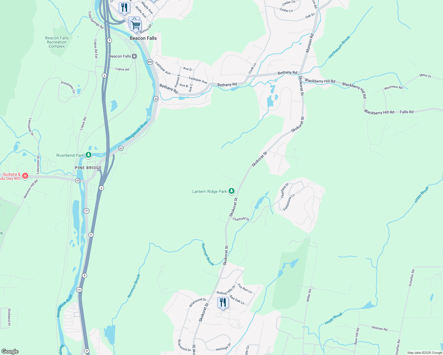 map of restaurants, bars, coffee shops, grocery stores, and more near 9 Lantern Ridge Road in Beacon Falls