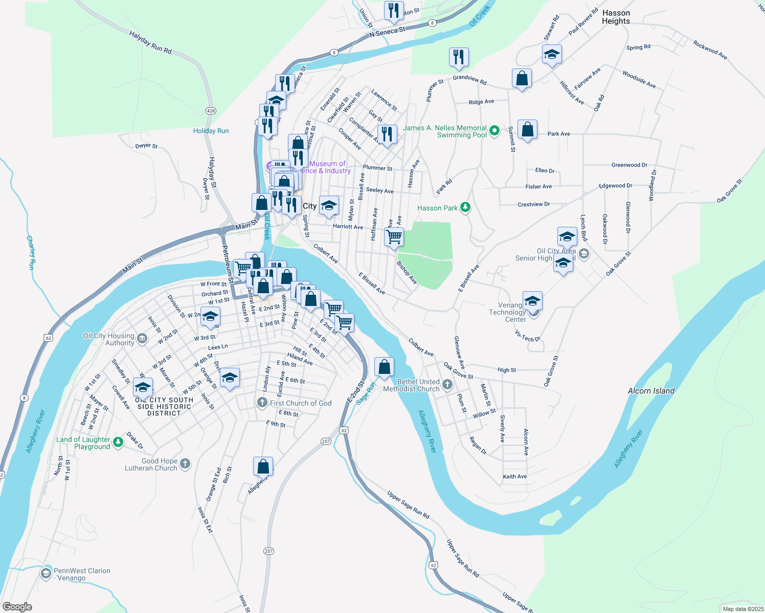 map of restaurants, bars, coffee shops, grocery stores, and more near 158 Colbert Avenue in Oil City