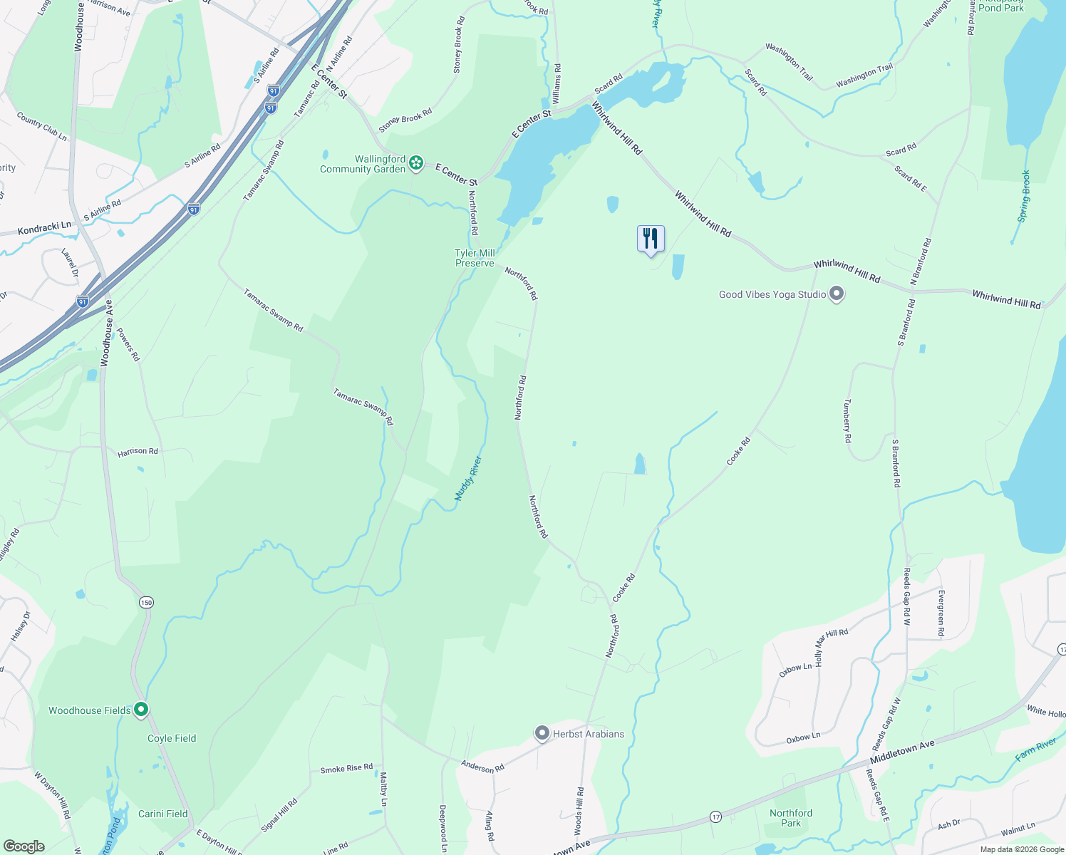 map of restaurants, bars, coffee shops, grocery stores, and more near 96 Northford Road in Wallingford