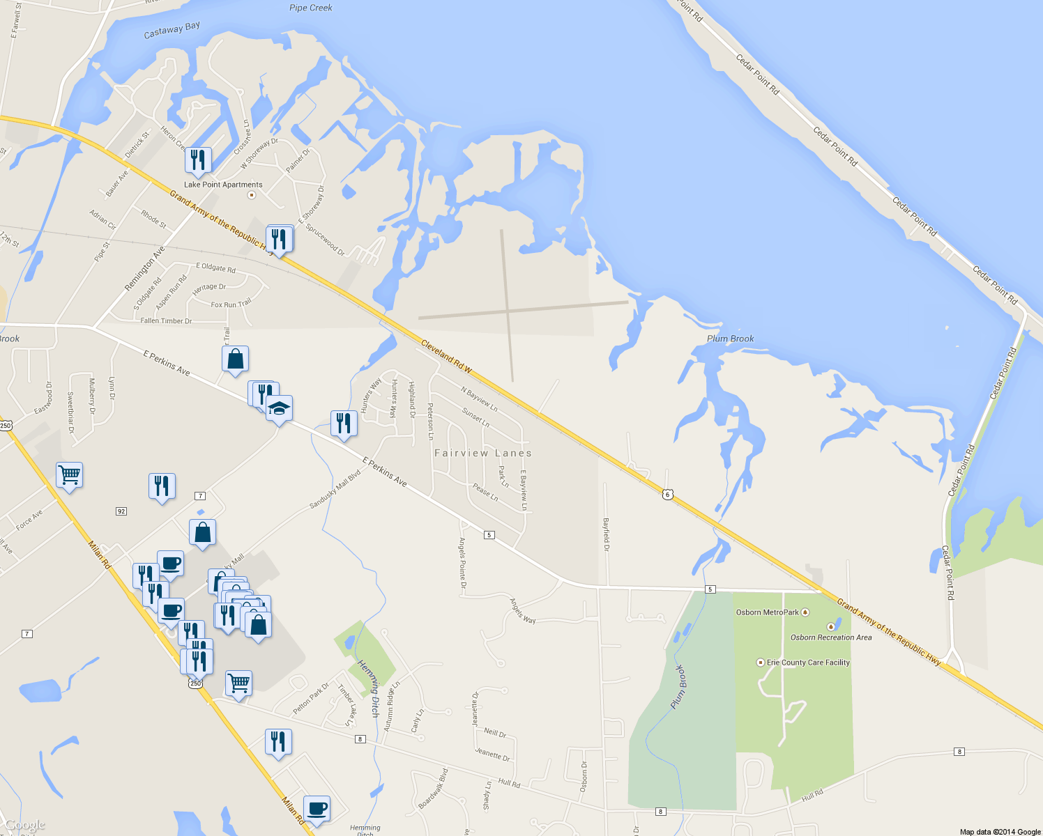 map of restaurants, bars, coffee shops, grocery stores, and more near 3011 North Bayview Lane in Sandusky
