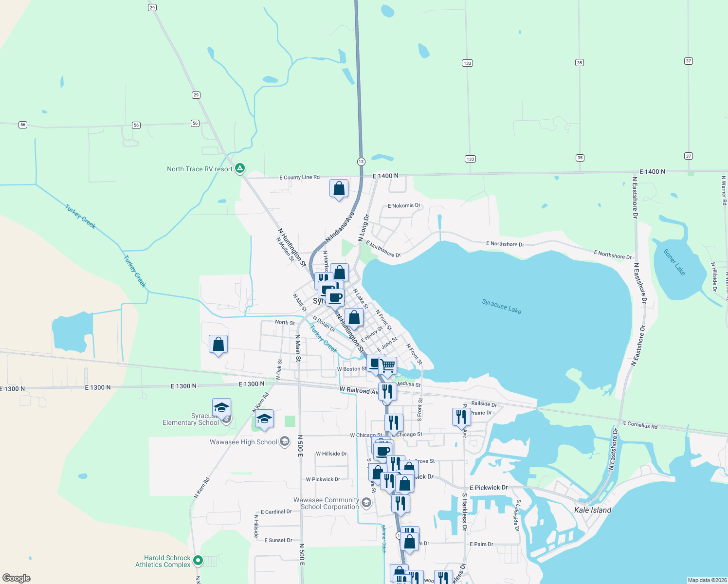 map of restaurants, bars, coffee shops, grocery stores, and more near 399 E Pearl St in Syracuse