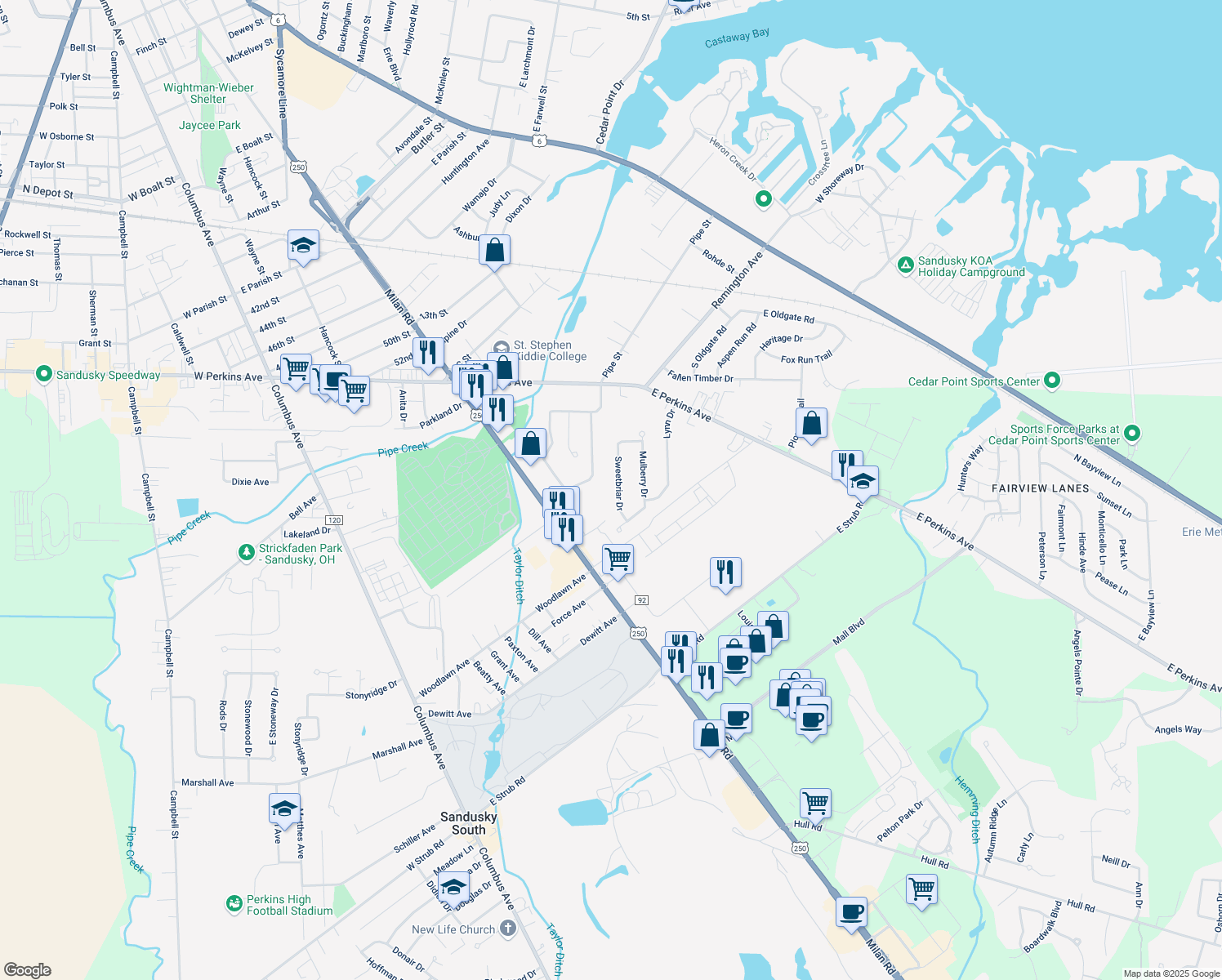 map of restaurants, bars, coffee shops, grocery stores, and more near 2805 Sweetbriar Drive in Sandusky