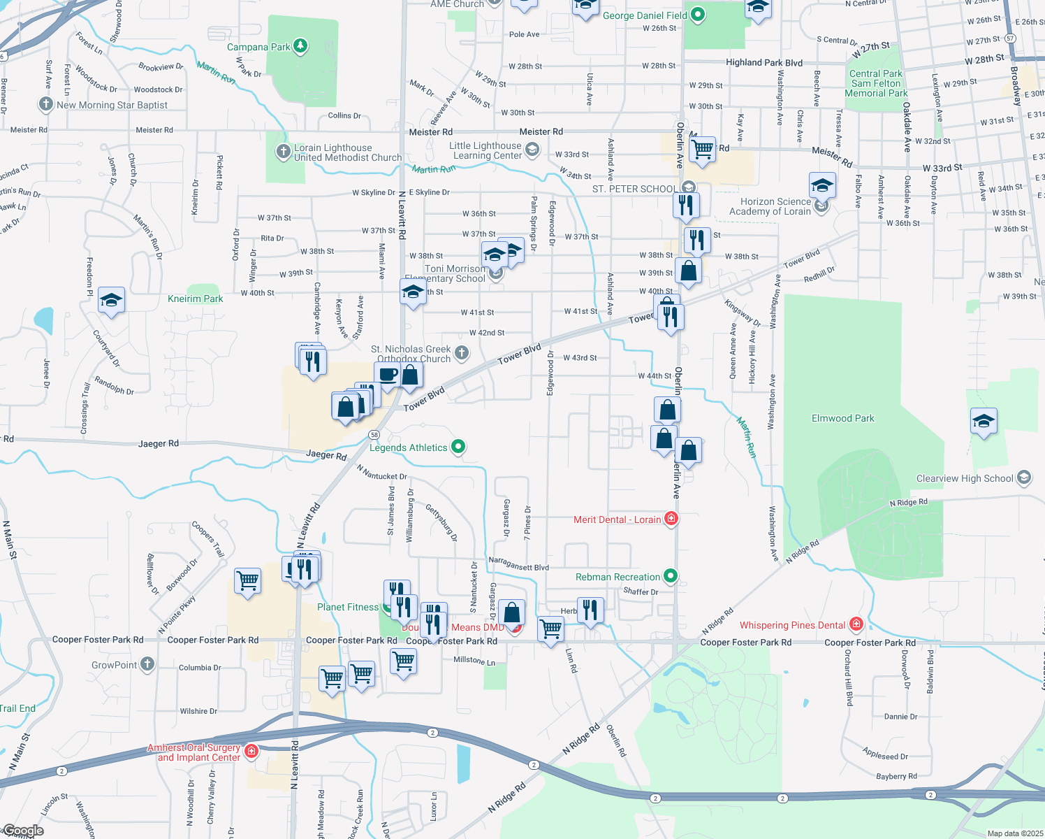map of restaurants, bars, coffee shops, grocery stores, and more near 4606 Timberview Drive in Lorain