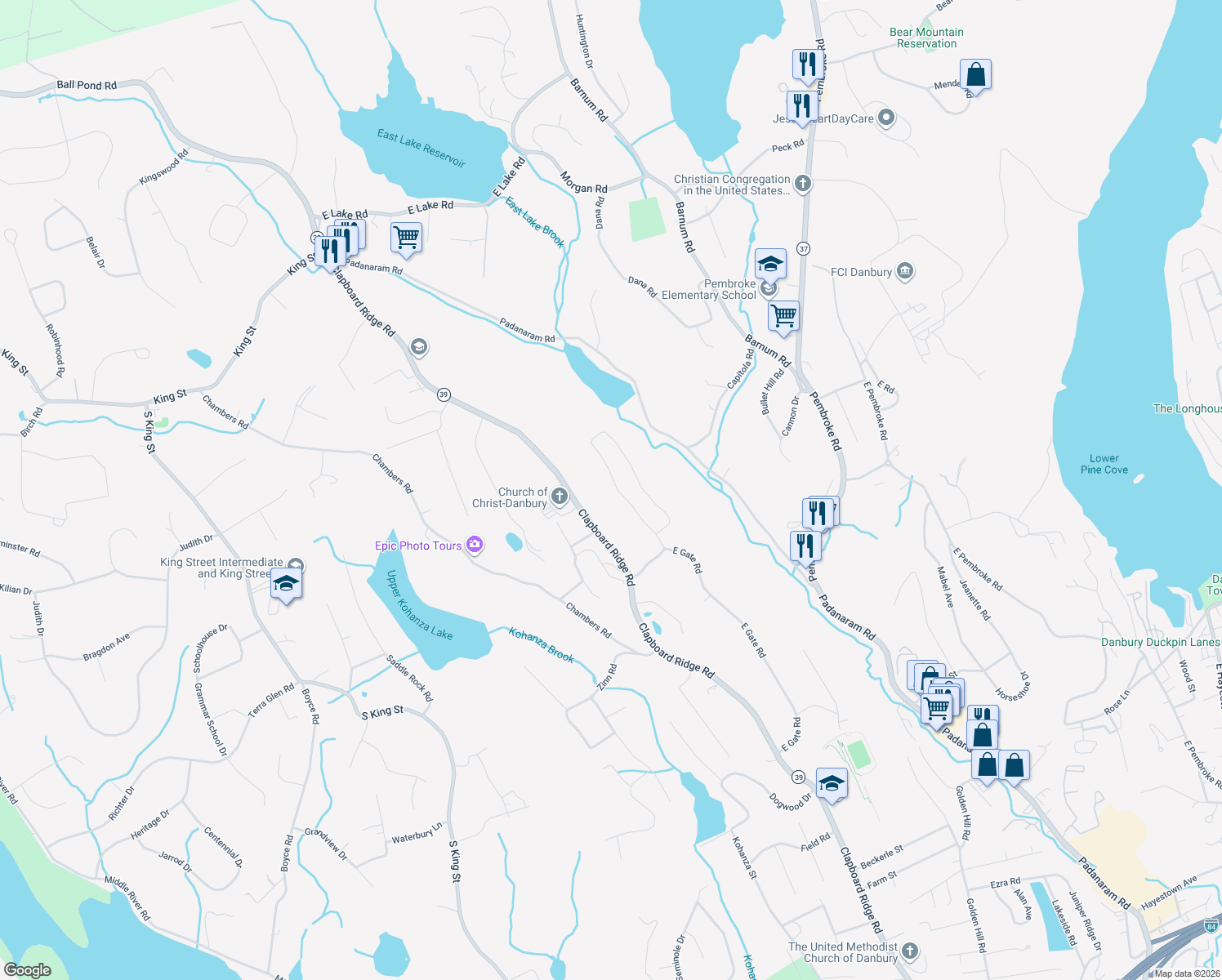map of restaurants, bars, coffee shops, grocery stores, and more near 24 Hillandale Road in Danbury