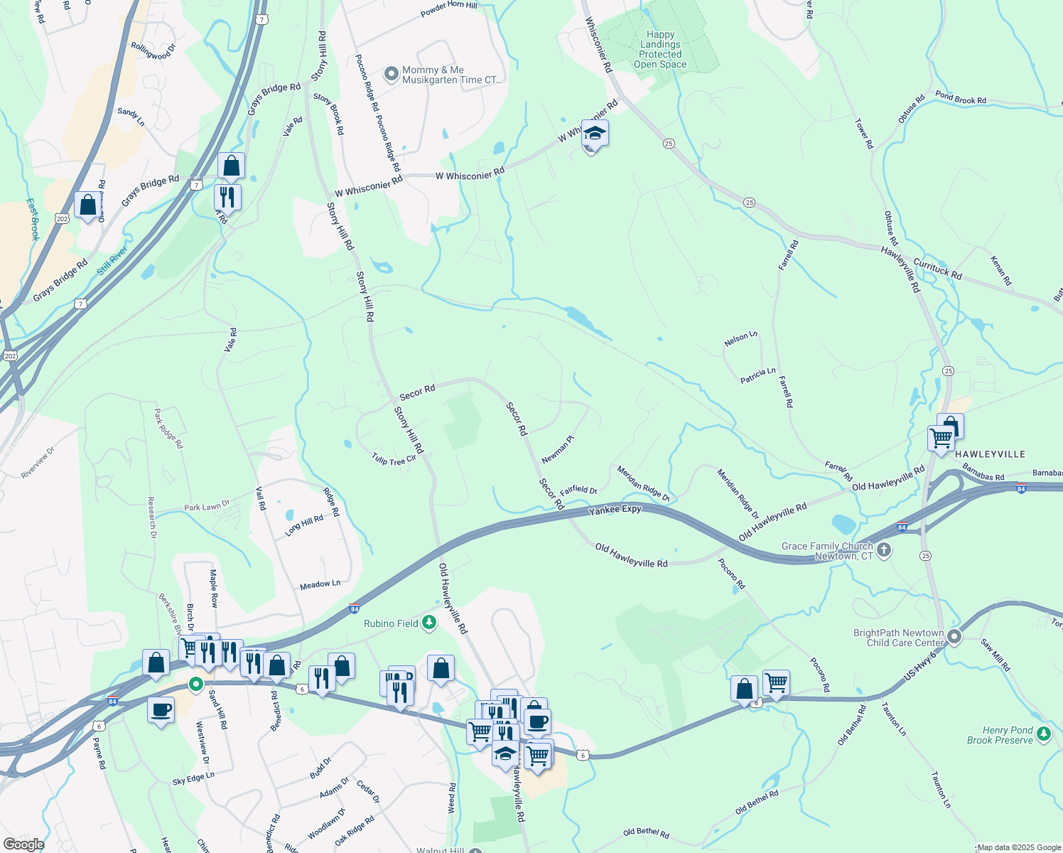 map of restaurants, bars, coffee shops, grocery stores, and more near 27 Secor Rd in Brookfield