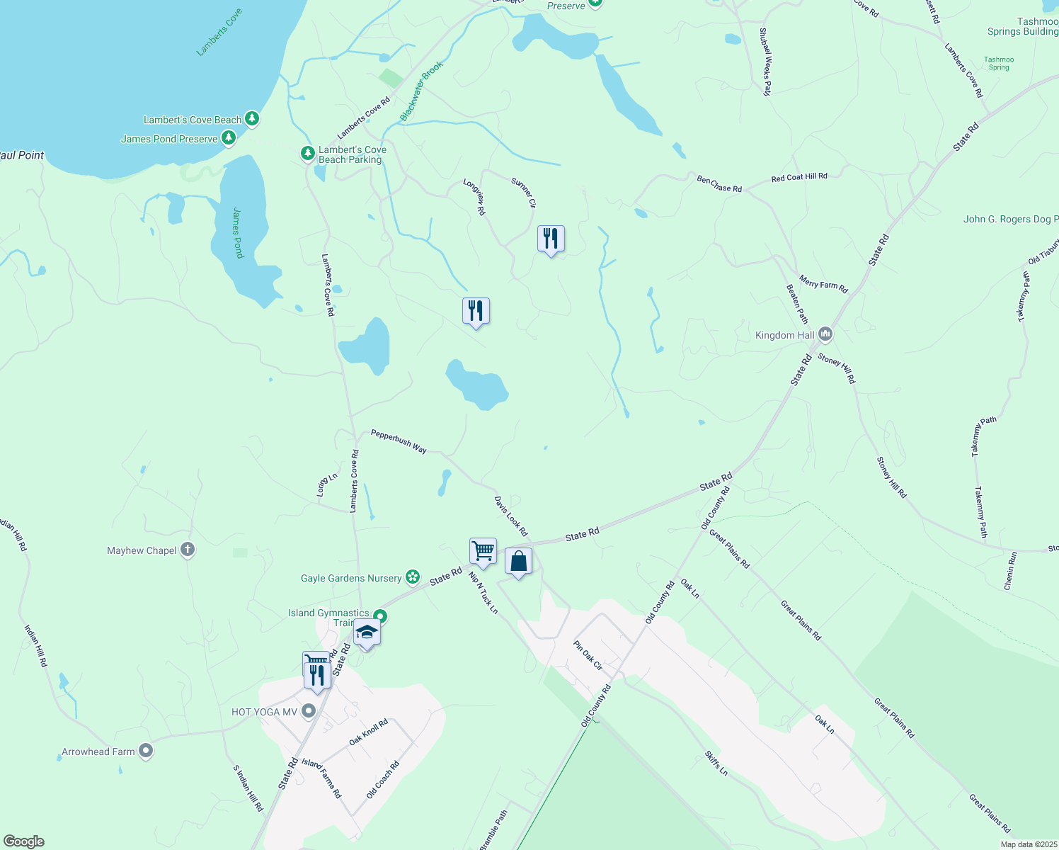 map of restaurants, bars, coffee shops, grocery stores, and more near 30 Ophelia Way in West Tisbury