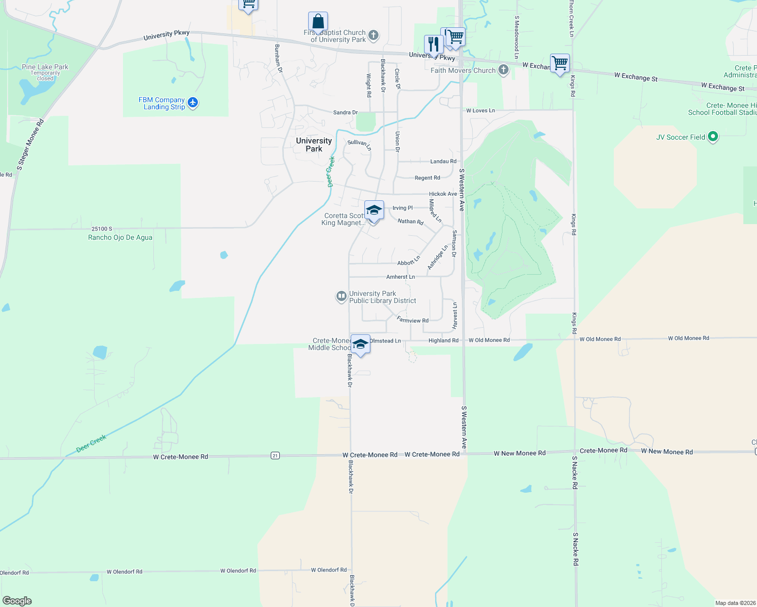 map of restaurants, bars, coffee shops, grocery stores, and more near 611 Farmview Road in University Park