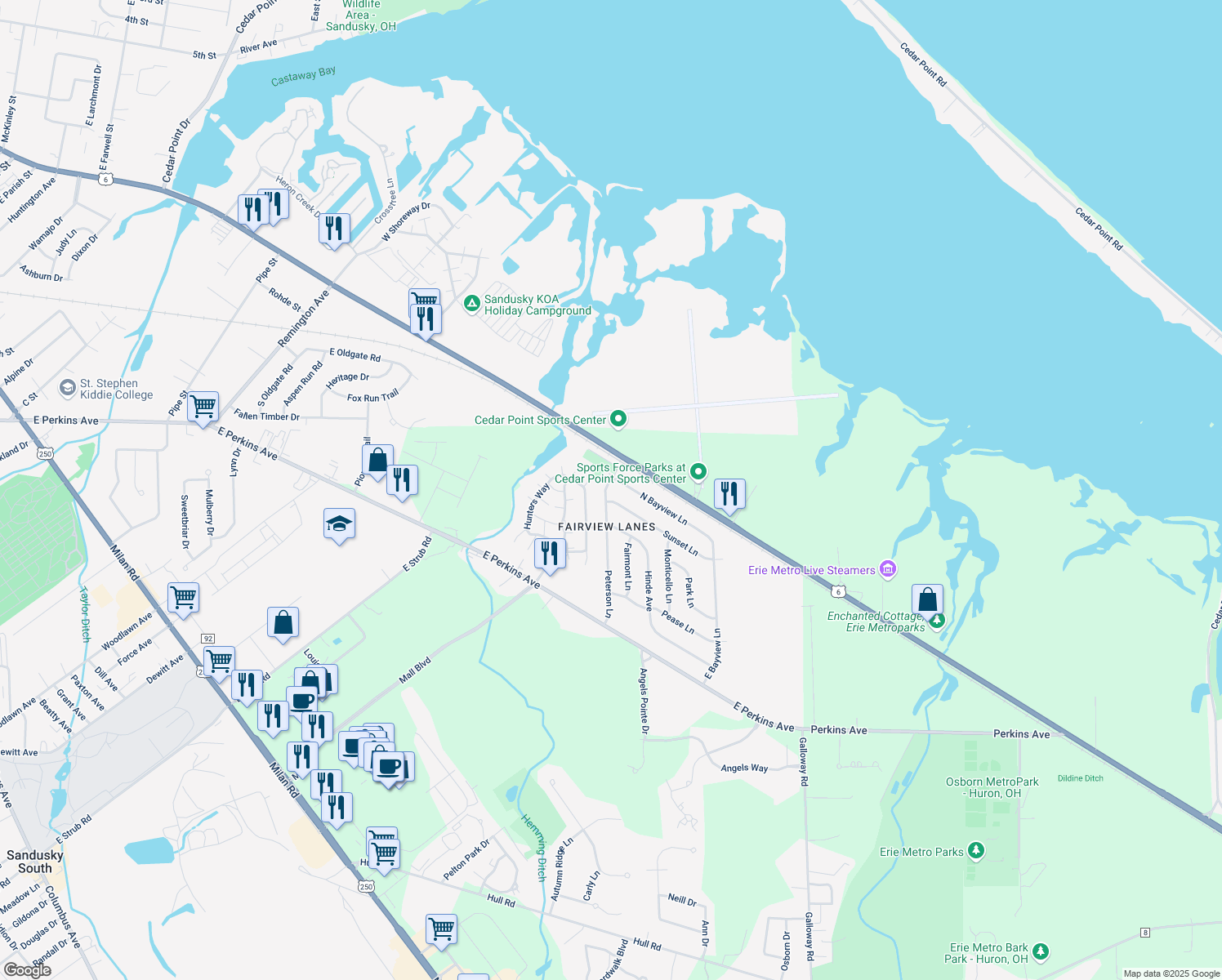 map of restaurants, bars, coffee shops, grocery stores, and more near 2514 Peterson Ln in Sandusky