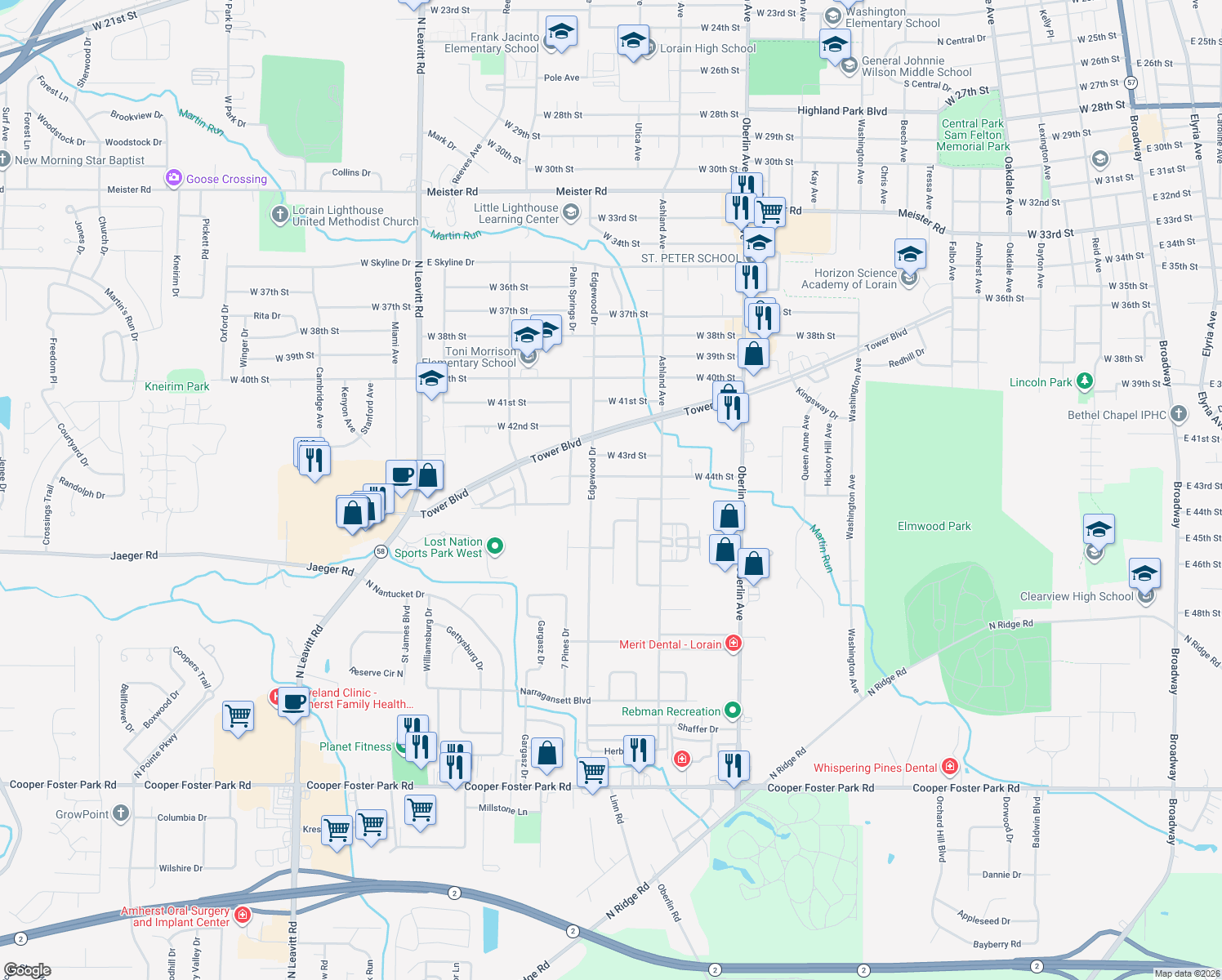 map of restaurants, bars, coffee shops, grocery stores, and more near 1604 Redbud Pl in Lorain