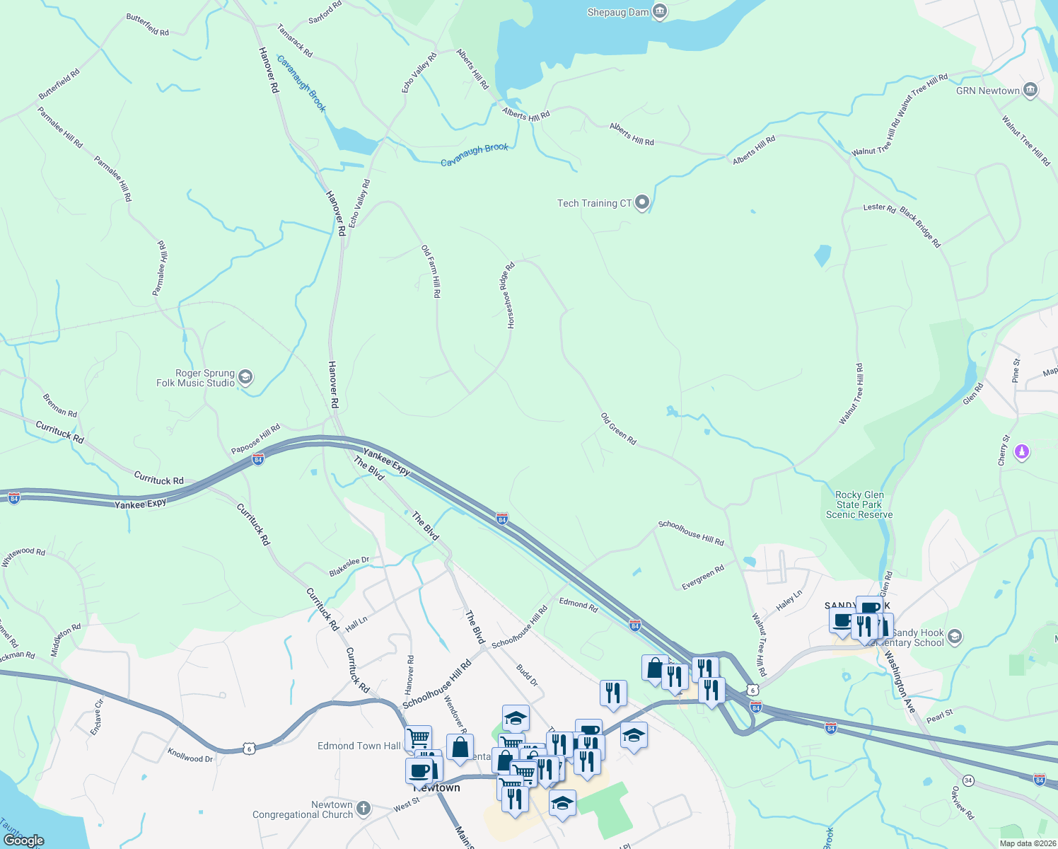 map of restaurants, bars, coffee shops, grocery stores, and more near 8 Yearling Lane in Newtown