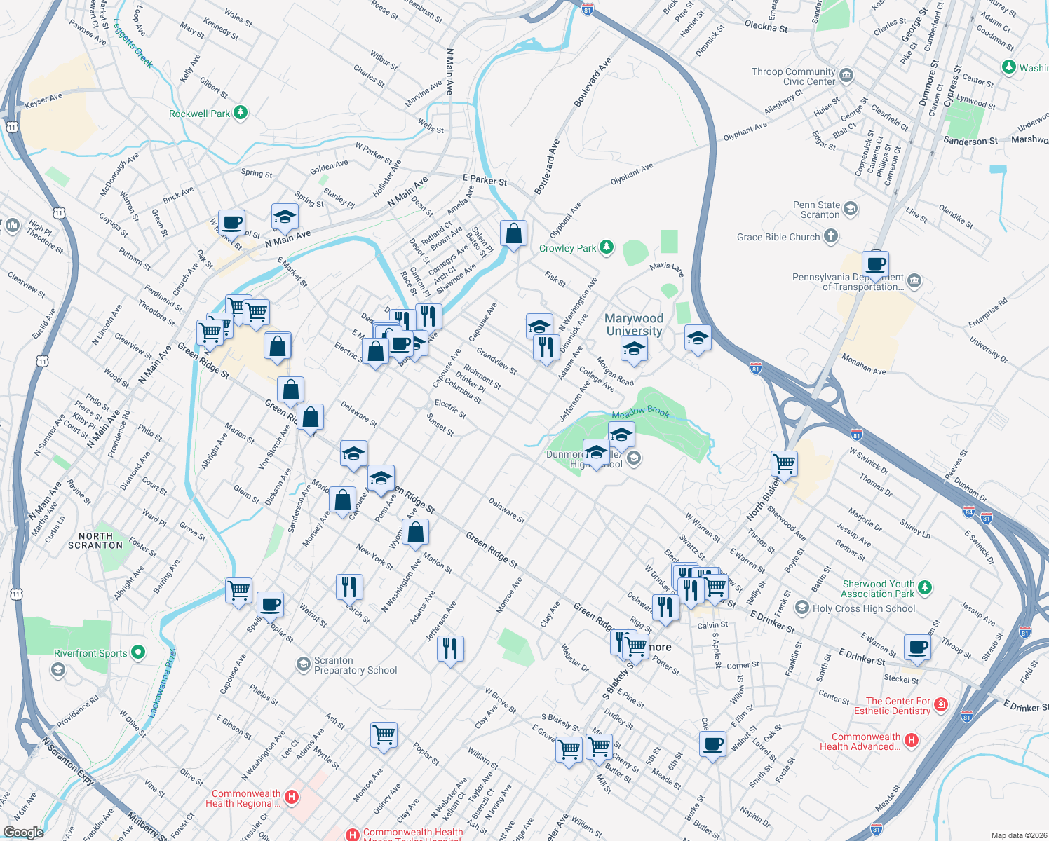 map of restaurants, bars, coffee shops, grocery stores, and more near 1208 Evelyn Street in Scranton
