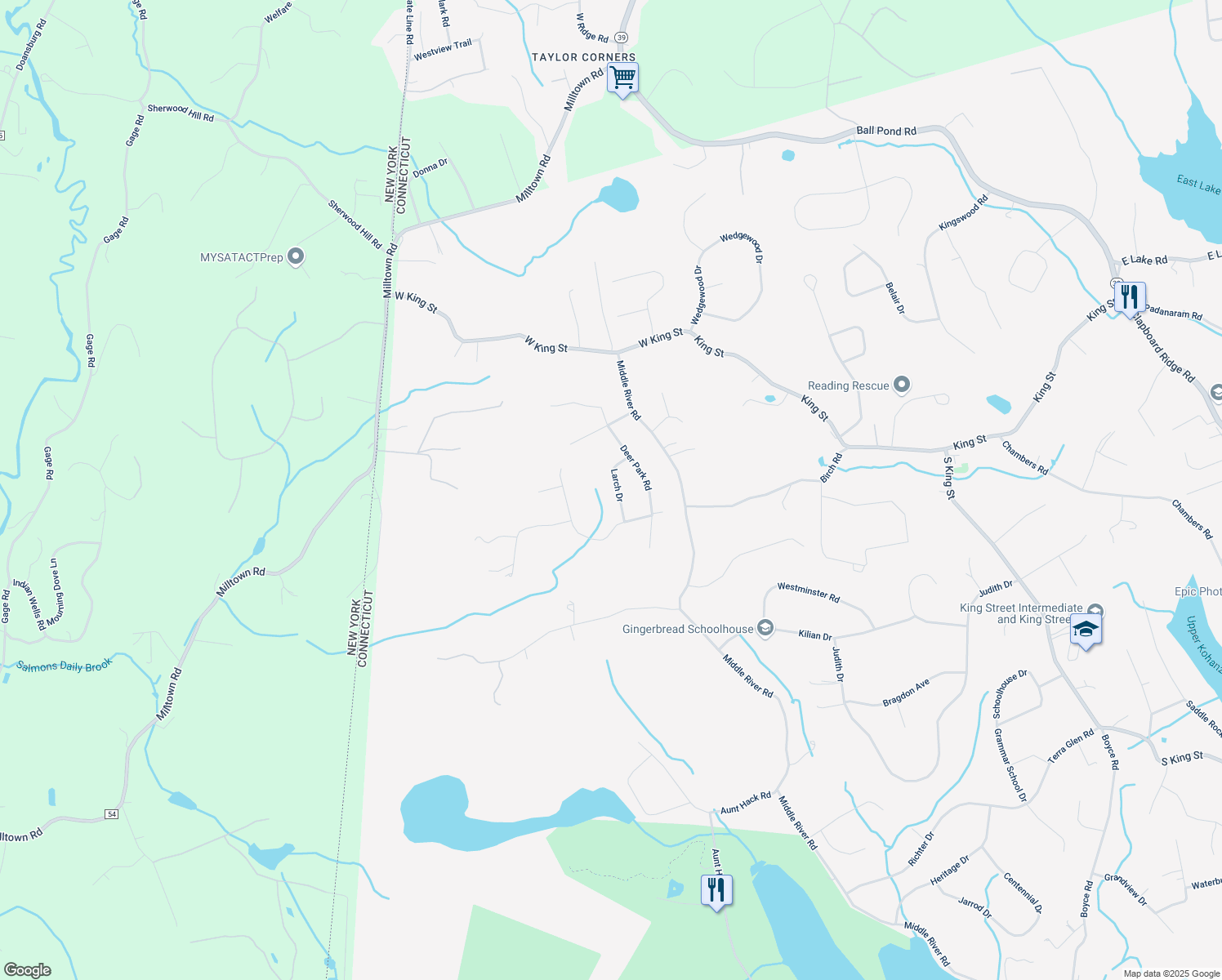 map of restaurants, bars, coffee shops, grocery stores, and more near 3 Larch Drive in Danbury