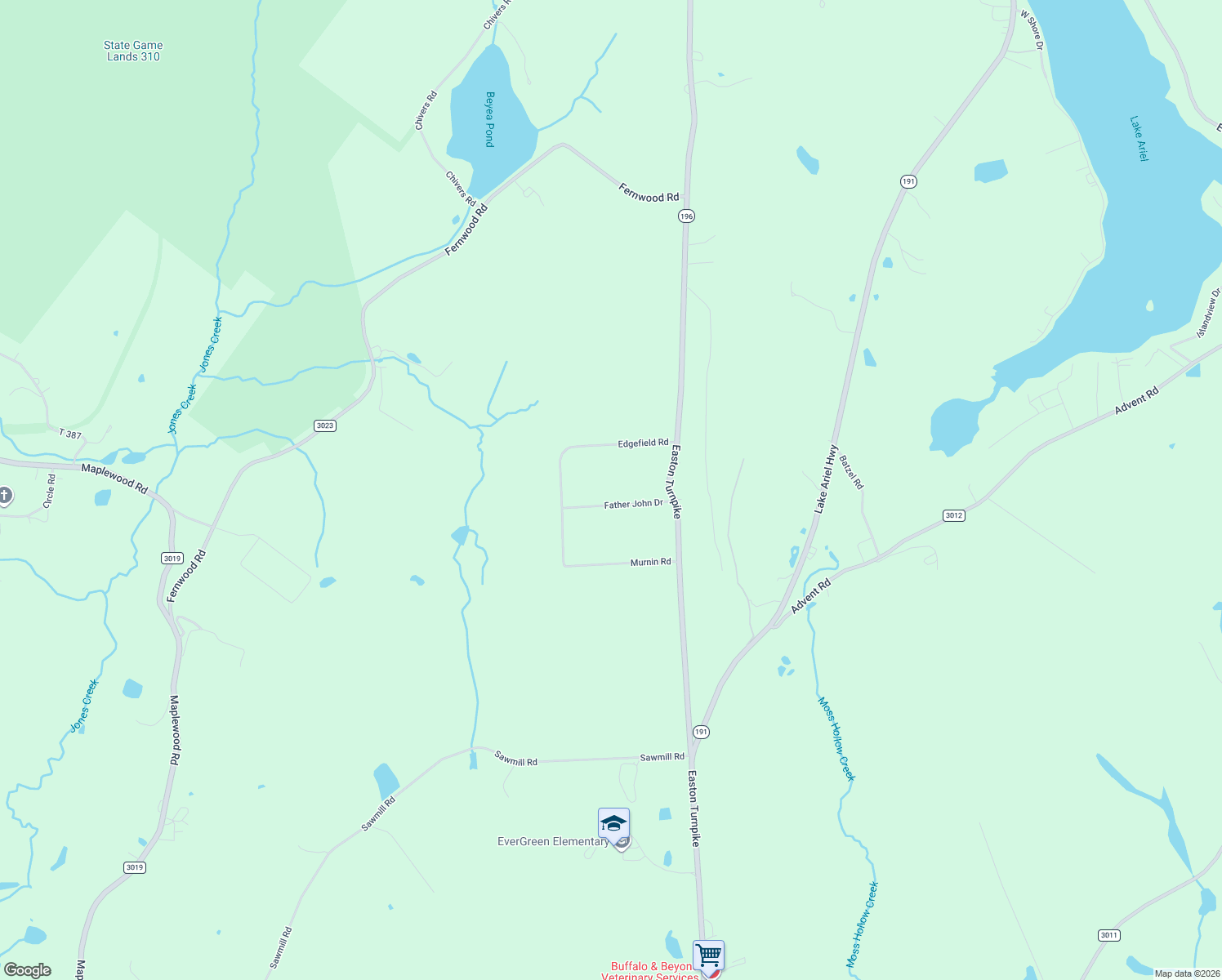 map of restaurants, bars, coffee shops, grocery stores, and more near 130 Father John Drive in Lake Ariel
