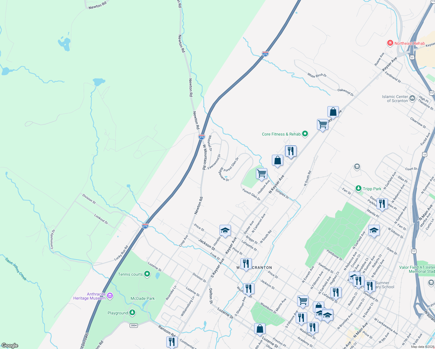 map of restaurants, bars, coffee shops, grocery stores, and more near 105 Ridgeview Drive in Scranton