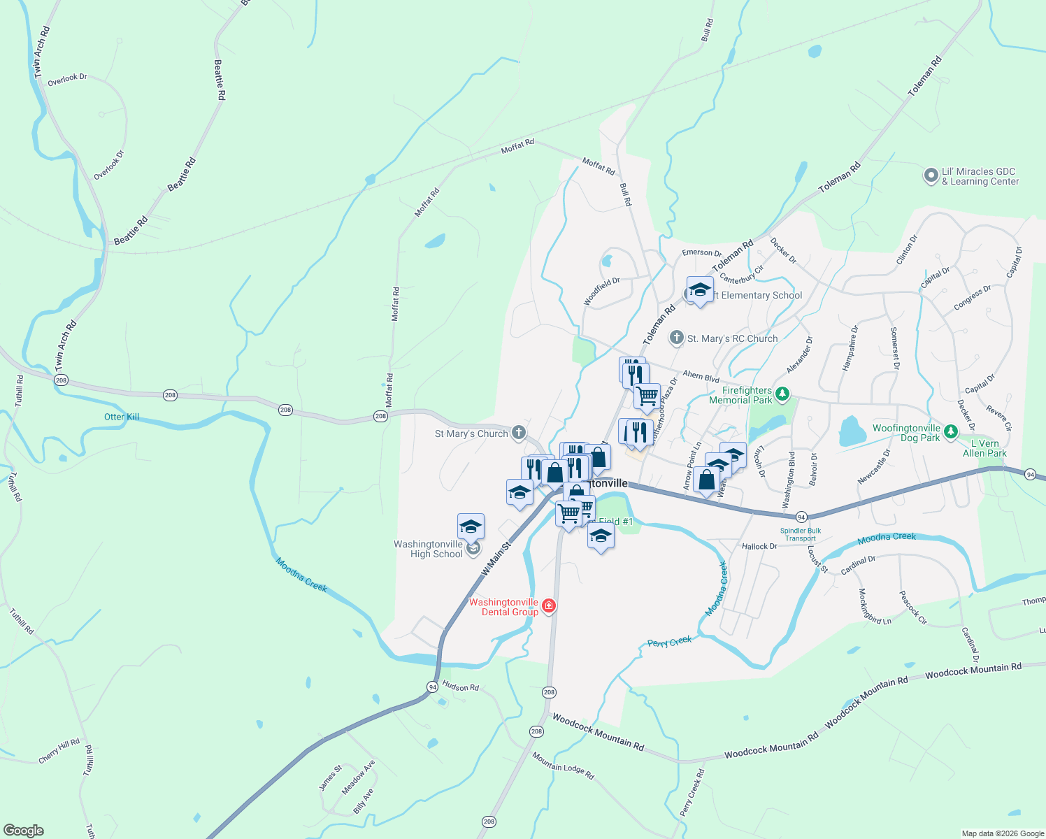 map of restaurants, bars, coffee shops, grocery stores, and more near 51 Goshen Avenue in Washingtonville