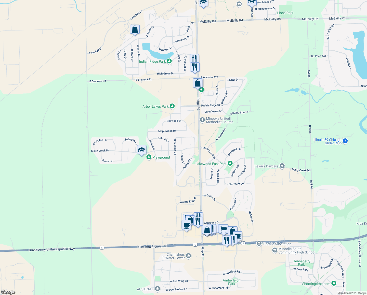 map of restaurants, bars, coffee shops, grocery stores, and more near 1312 Megan Court in Minooka
