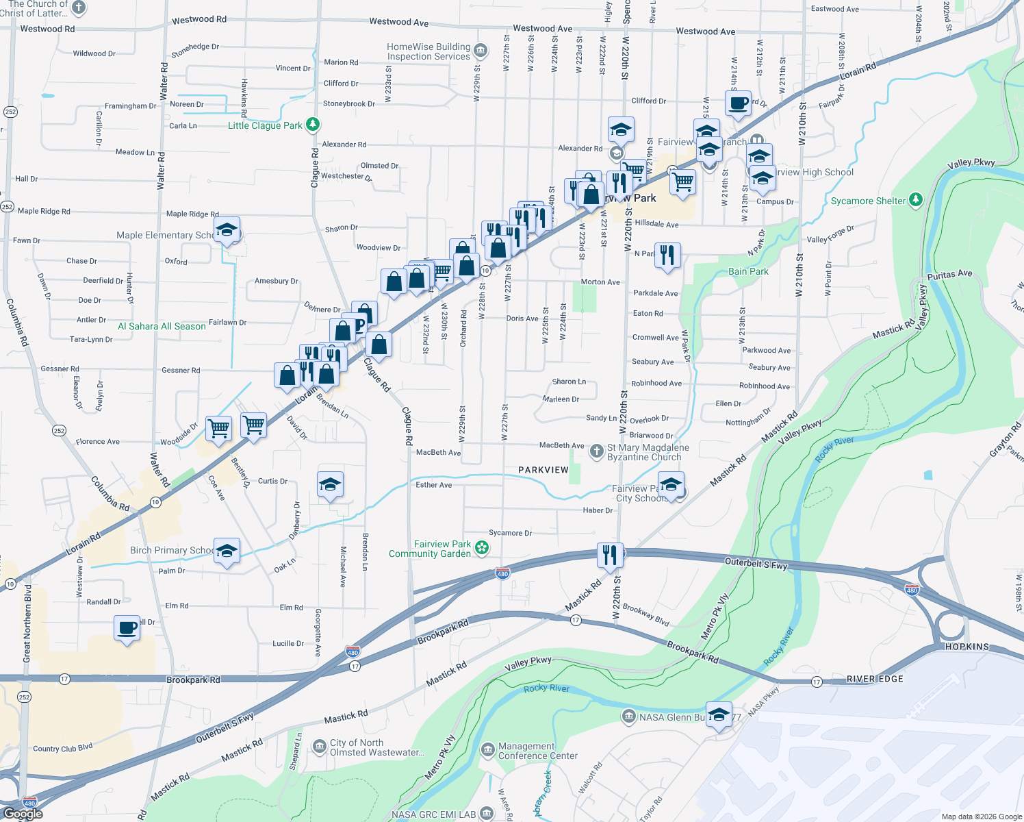 map of restaurants, bars, coffee shops, grocery stores, and more near 5045 W 227th St in Fairview Park