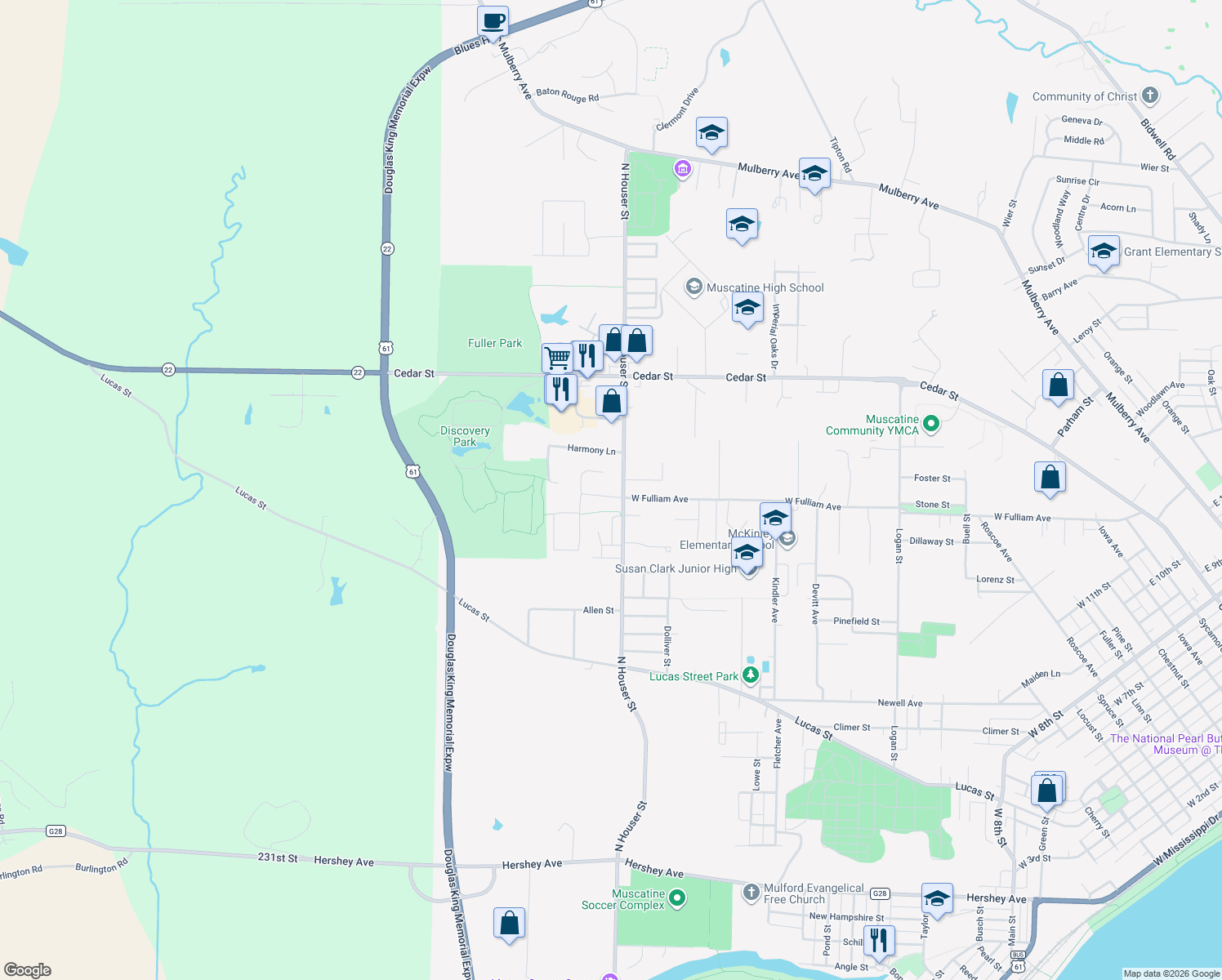 map of restaurants, bars, coffee shops, grocery stores, and more near 3005 West Fulliam Avenue in Muscatine