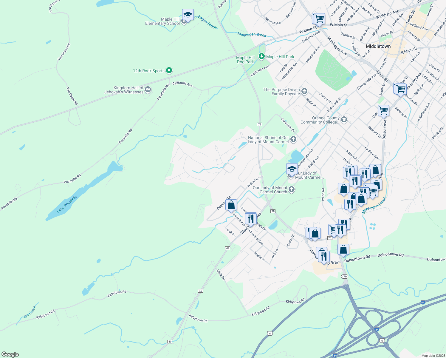 map of restaurants, bars, coffee shops, grocery stores, and more near 129 High Barney Rd in Middletown