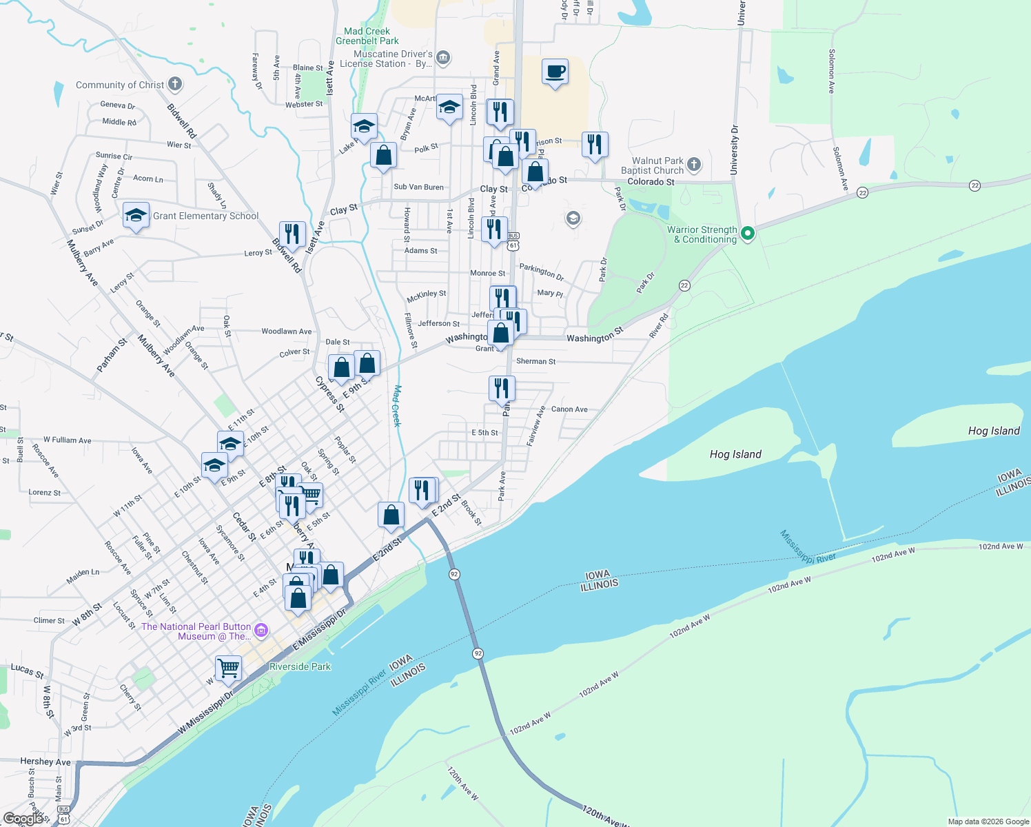 map of restaurants, bars, coffee shops, grocery stores, and more near 106 Canon Ave in Muscatine