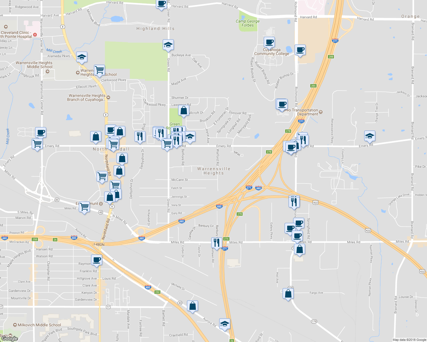 map of restaurants, bars, coffee shops, grocery stores, and more near in Warrensville Heights