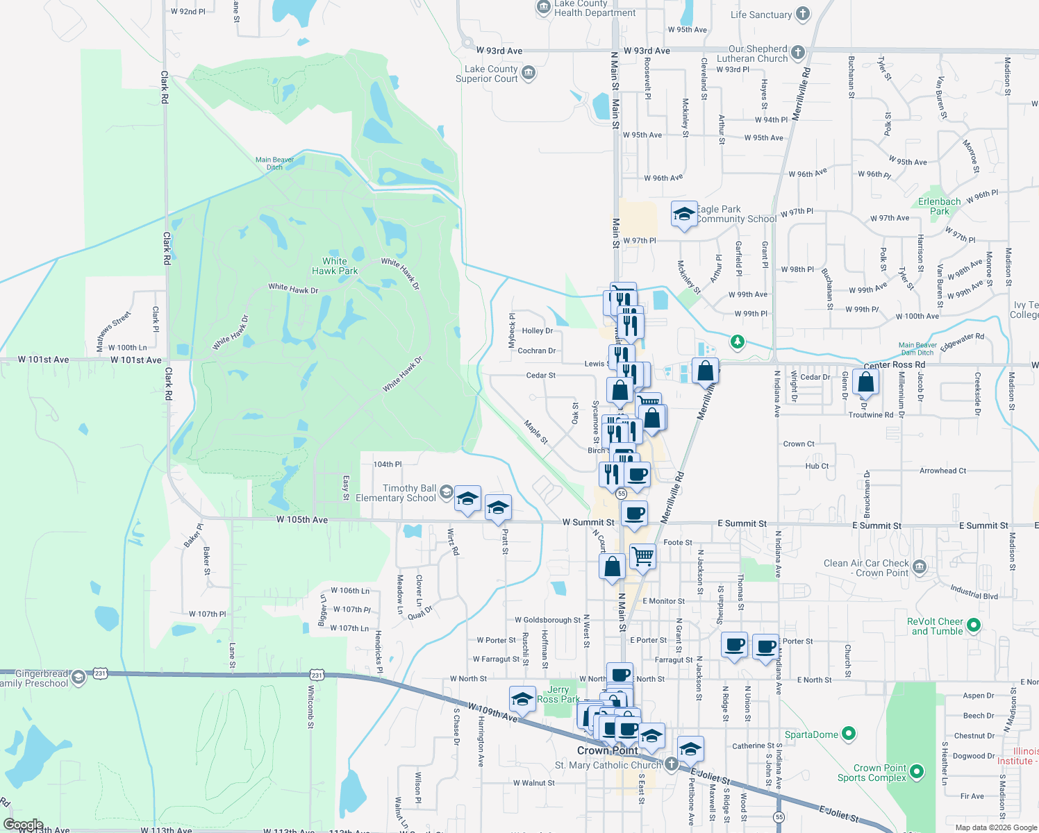 map of restaurants, bars, coffee shops, grocery stores, and more near 341 Maple St in Crown Point