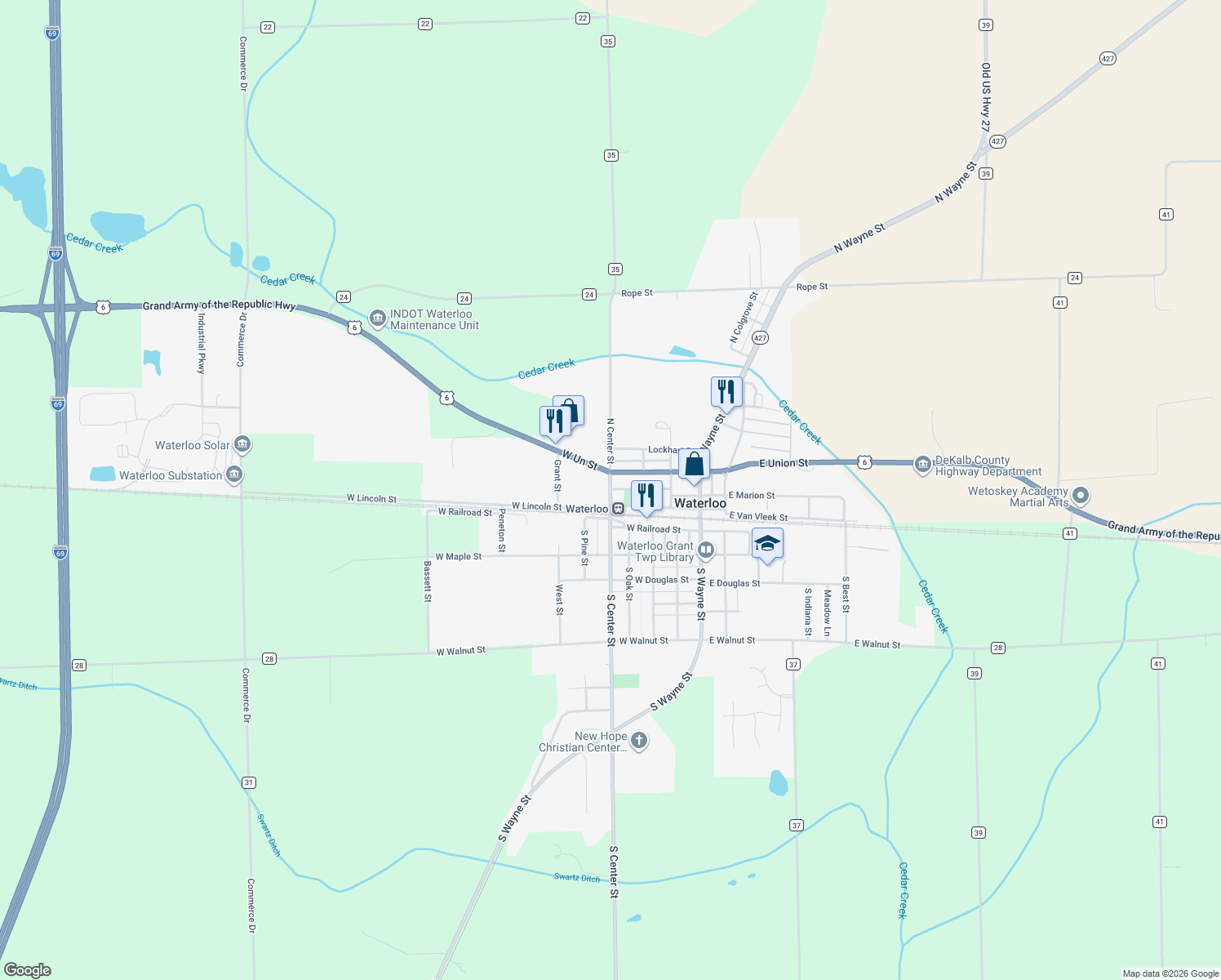 map of restaurants, bars, coffee shops, grocery stores, and more near 290 North Center Street in Waterloo
