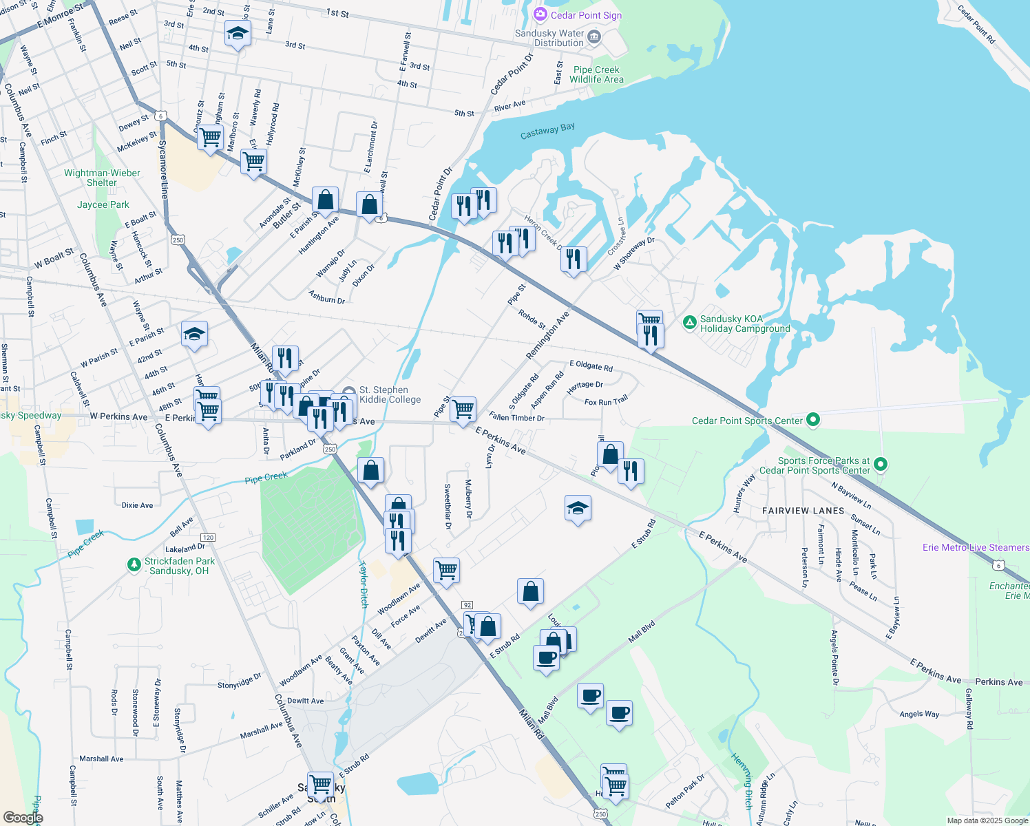 map of restaurants, bars, coffee shops, grocery stores, and more near 2234 South Oldgate Road in Sandusky