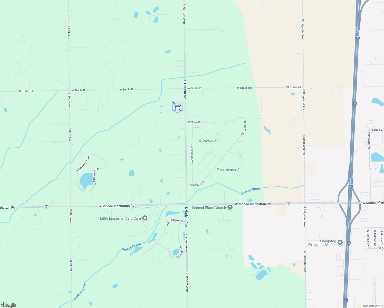 map of restaurants, bars, coffee shops, grocery stores, and more near 25136 South Chennault Avenue in Monee
