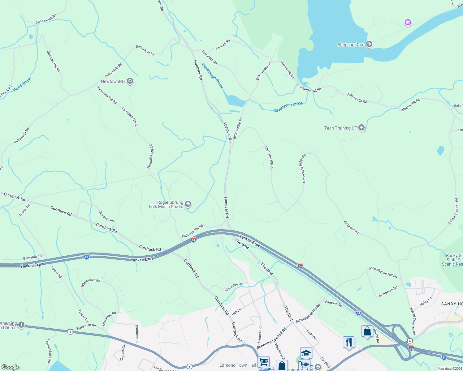 map of restaurants, bars, coffee shops, grocery stores, and more near 76 Hanover Road in Newtown