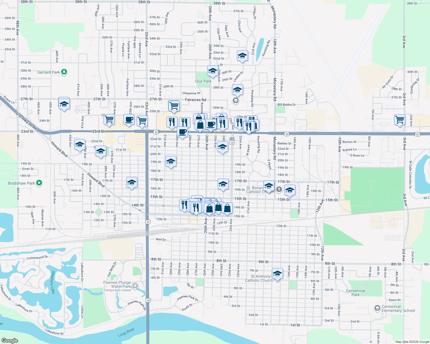 map of restaurants, bars, coffee shops, grocery stores, and more near 2498 18th St in Columbus