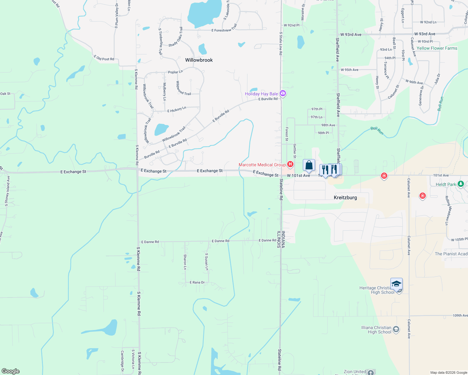 map of restaurants, bars, coffee shops, grocery stores, and more near 3303 East Exchange Street in Crete