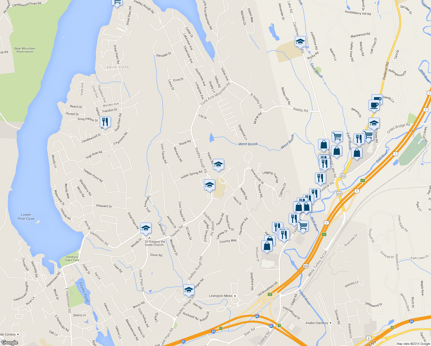 map of restaurants, bars, coffee shops, grocery stores, and more near 19 Karen Road in Danbury