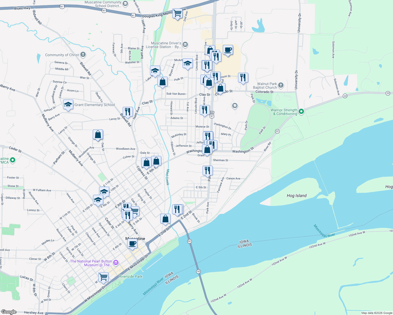 map of restaurants, bars, coffee shops, grocery stores, and more near 1532 Grant St in Muscatine