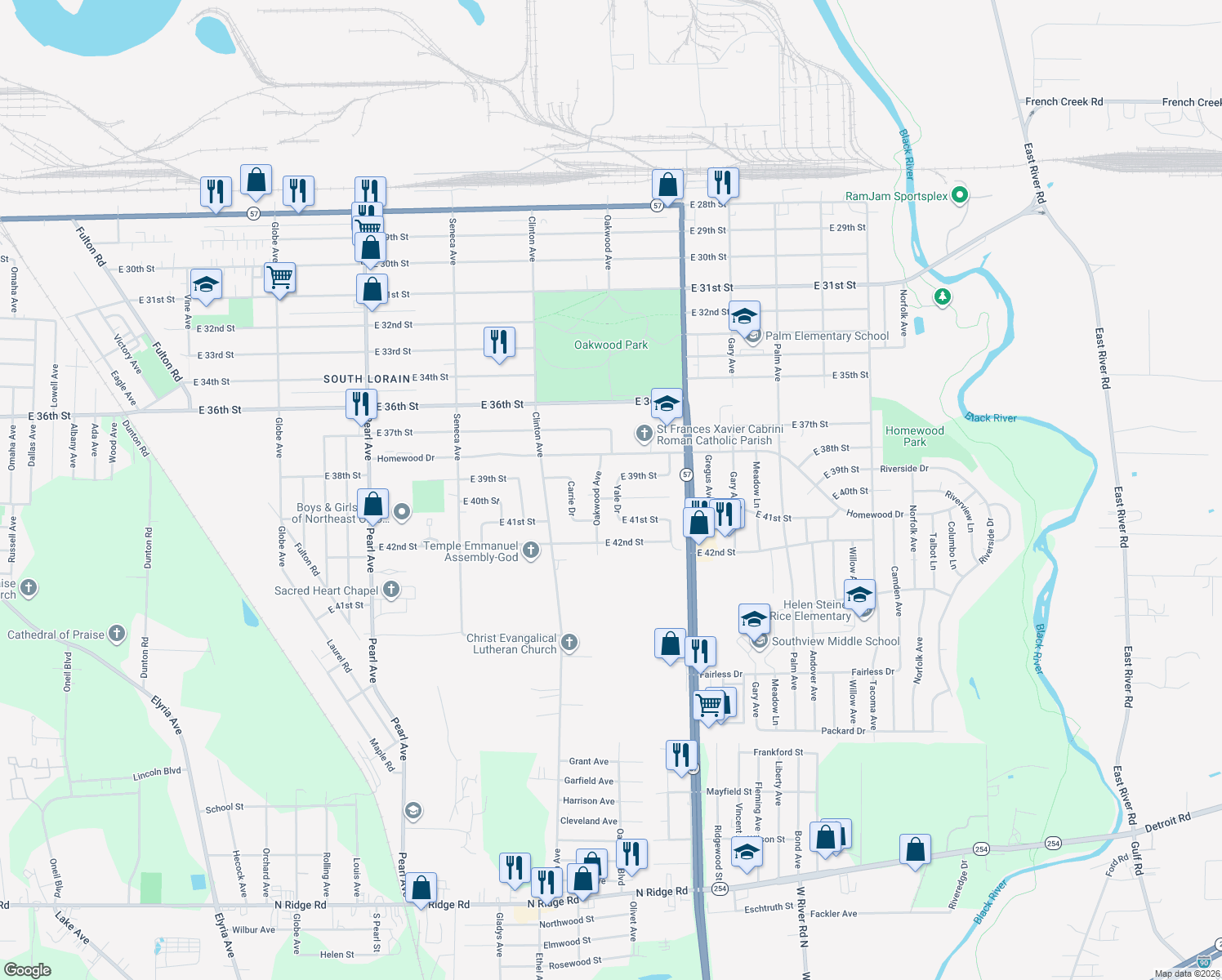 map of restaurants, bars, coffee shops, grocery stores, and more near 3916 Yale Drive in Lorain