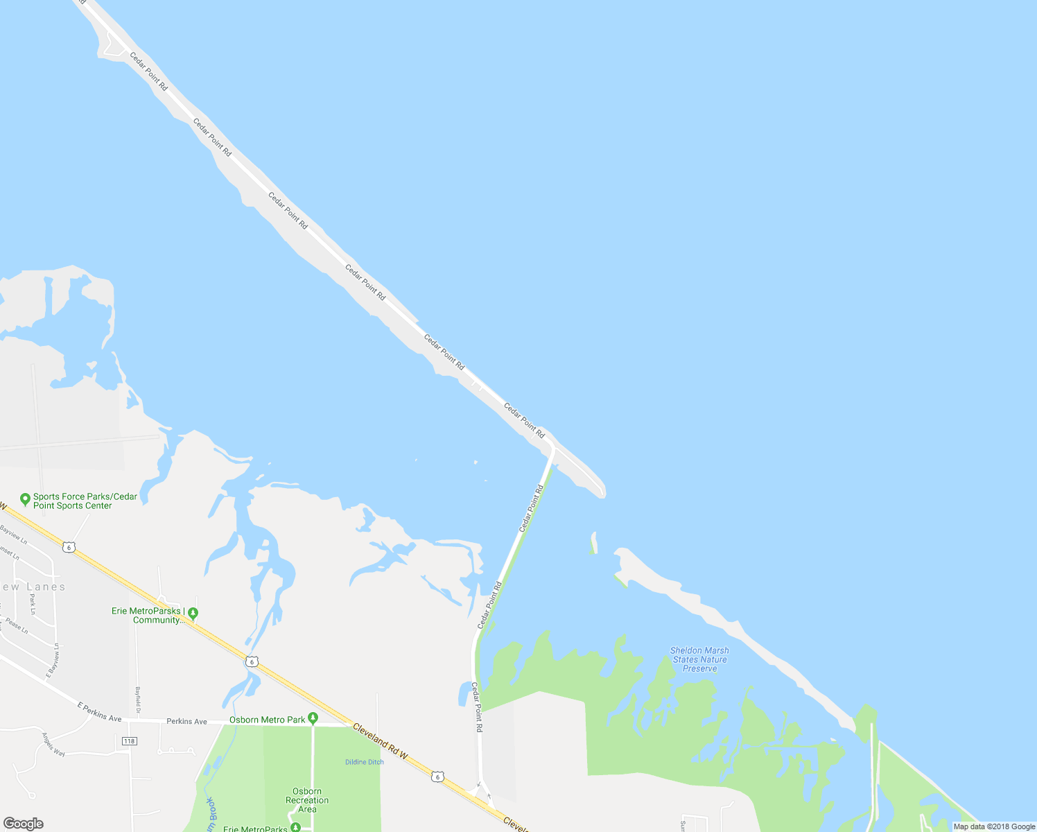 map of restaurants, bars, coffee shops, grocery stores, and more near 207 Cedar Point Road in Sandusky