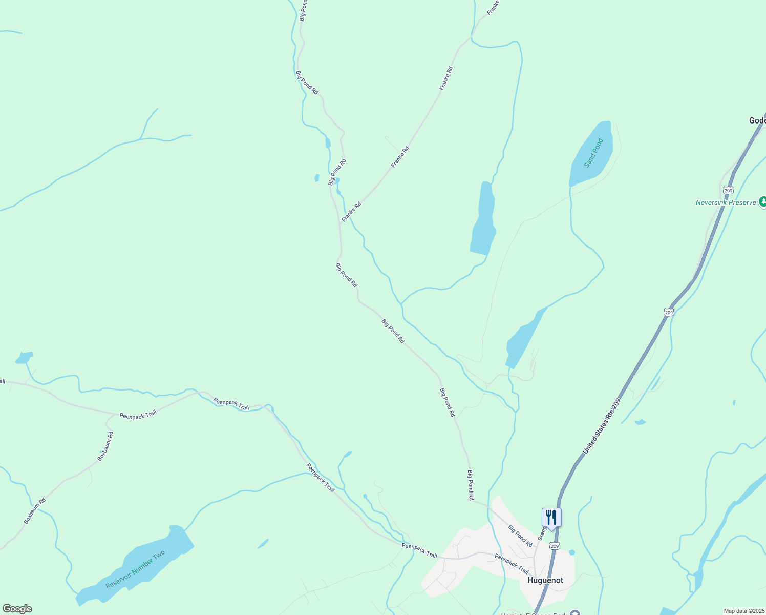 map of restaurants, bars, coffee shops, grocery stores, and more near 300 Big Pond Road in Huguenot