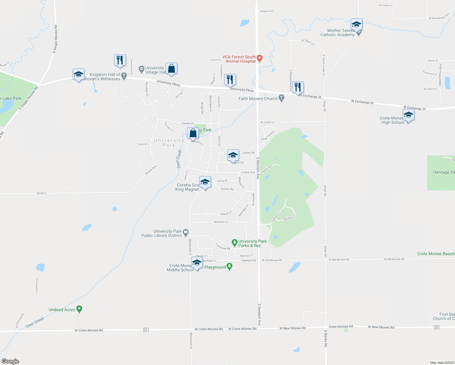 map of restaurants, bars, coffee shops, grocery stores, and more near 531 Irving Place in University Park