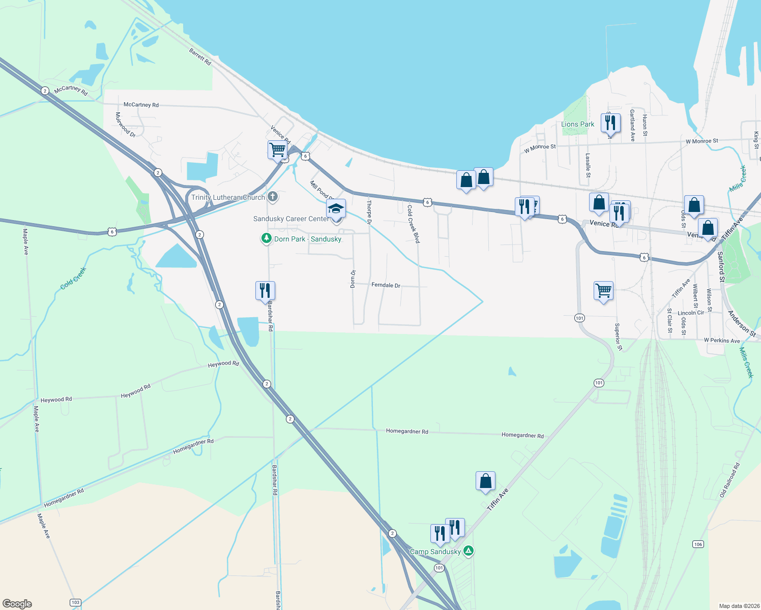 map of restaurants, bars, coffee shops, grocery stores, and more near 814 S Meadow Dr in Sandusky